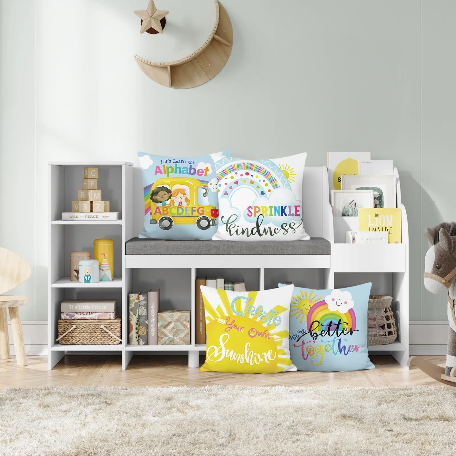 Kids Throw Pillow Covers 18 x 18 Inch Rainbow Sun Inspirational