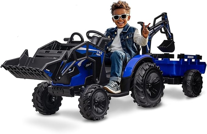 24V Ride On Car Toy Excavator & Bulldozer - Battery-Powered Electric Vehicle w/Trailer
