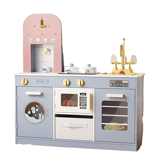 Play Kitchen with Realistic Lights & Sounds, Wooden Kitchen Playset for Toddlers