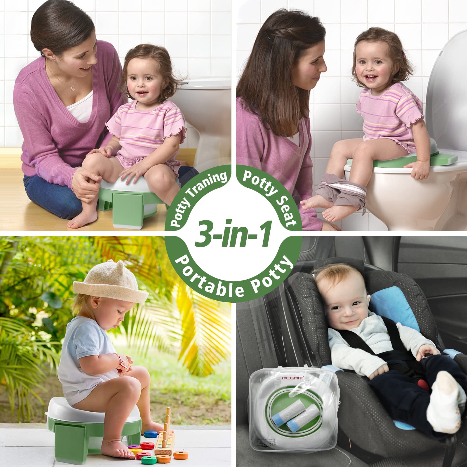 MCGMITT Portable Potty for Kids Travel - Foldable Training Toilet Chair for Toddler Girls with Storage Bags, Potty Training Toilet for Outdoor and Indoor Easy to Clean(Green)