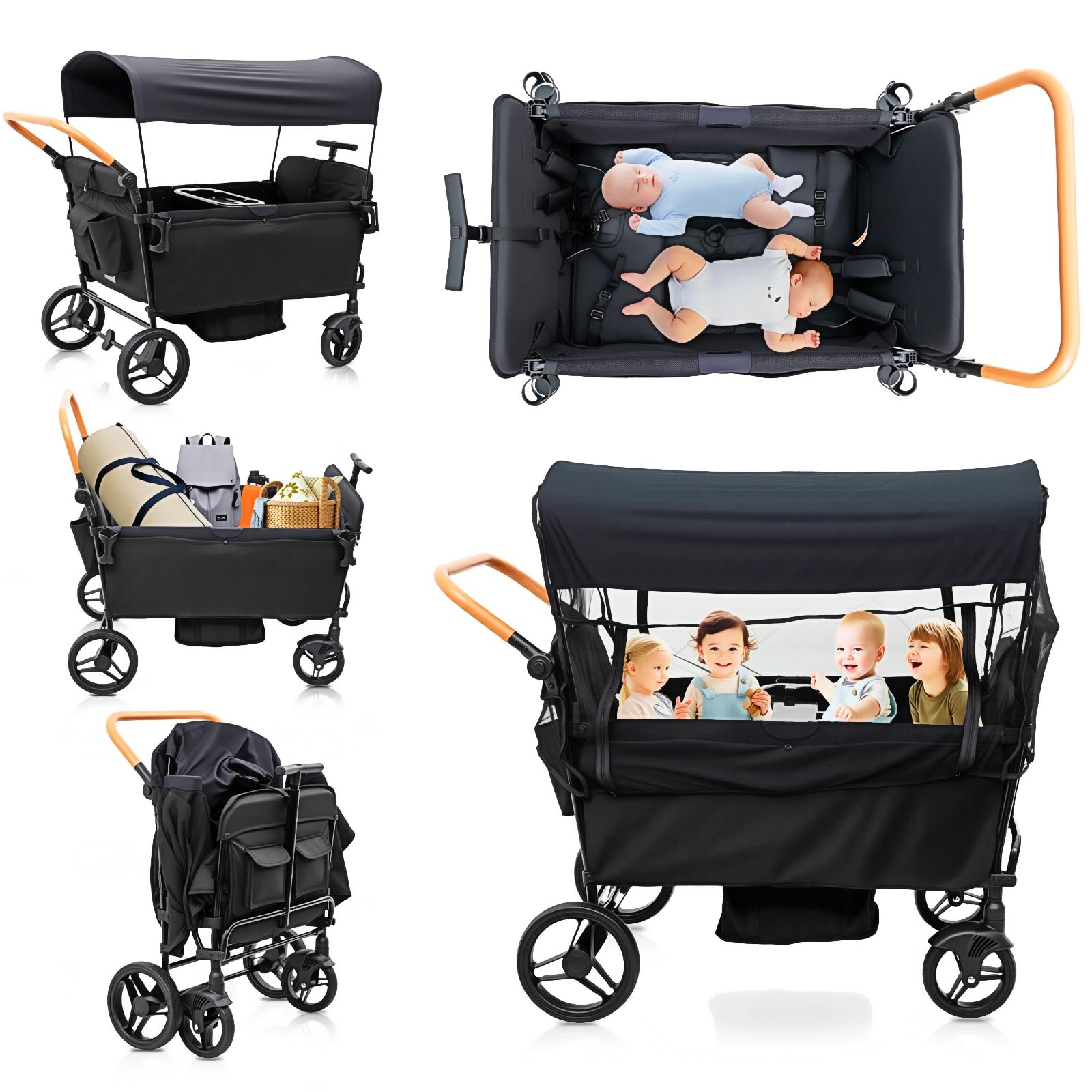 Stroller Wagon for 4 Kids Seated-Tandem Fold Stroller Push-Pull Lightweight Travel Trolley