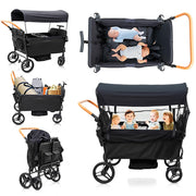 Stroller Wagon for 4 Kids Seated-Tandem Fold Stroller Push-Pull Lightweight Travel Trolley