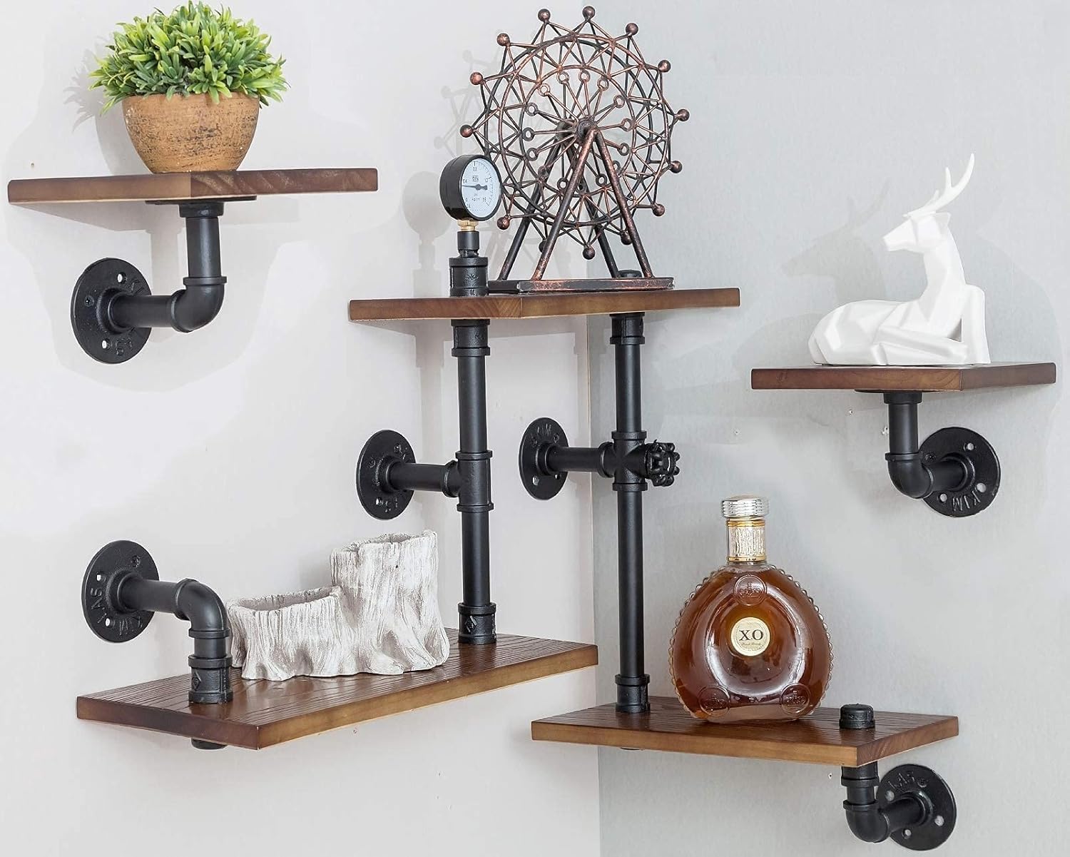 Industrial Wood Ladder Pipe Wall Shelves
