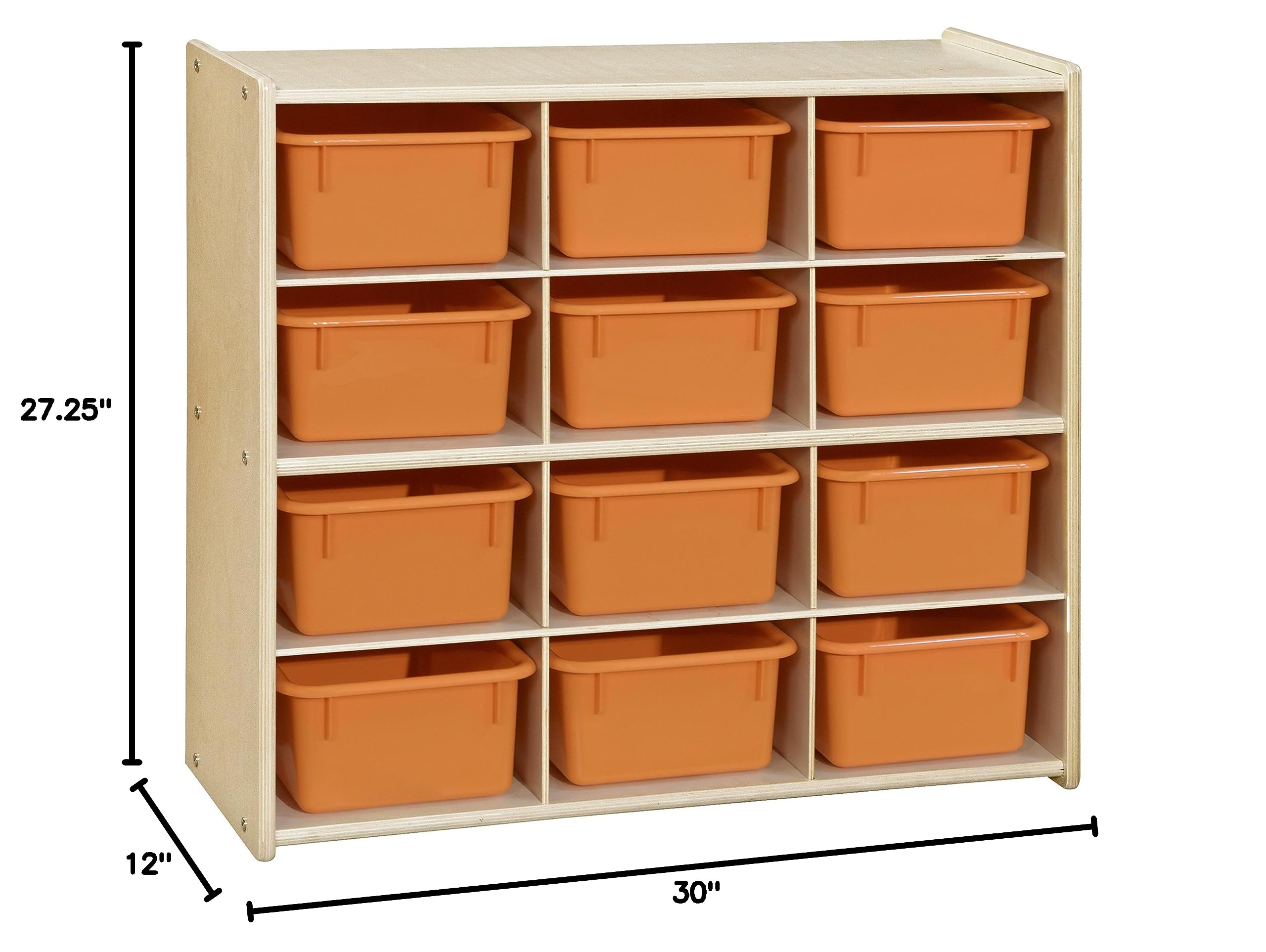Contender 12 Compartment Kids Cube Locker Shelf with Orange Bins, Hardwood Montessori Shelves Organizers for Daycare, Nursery, Offices, Backpack Shelving Unit