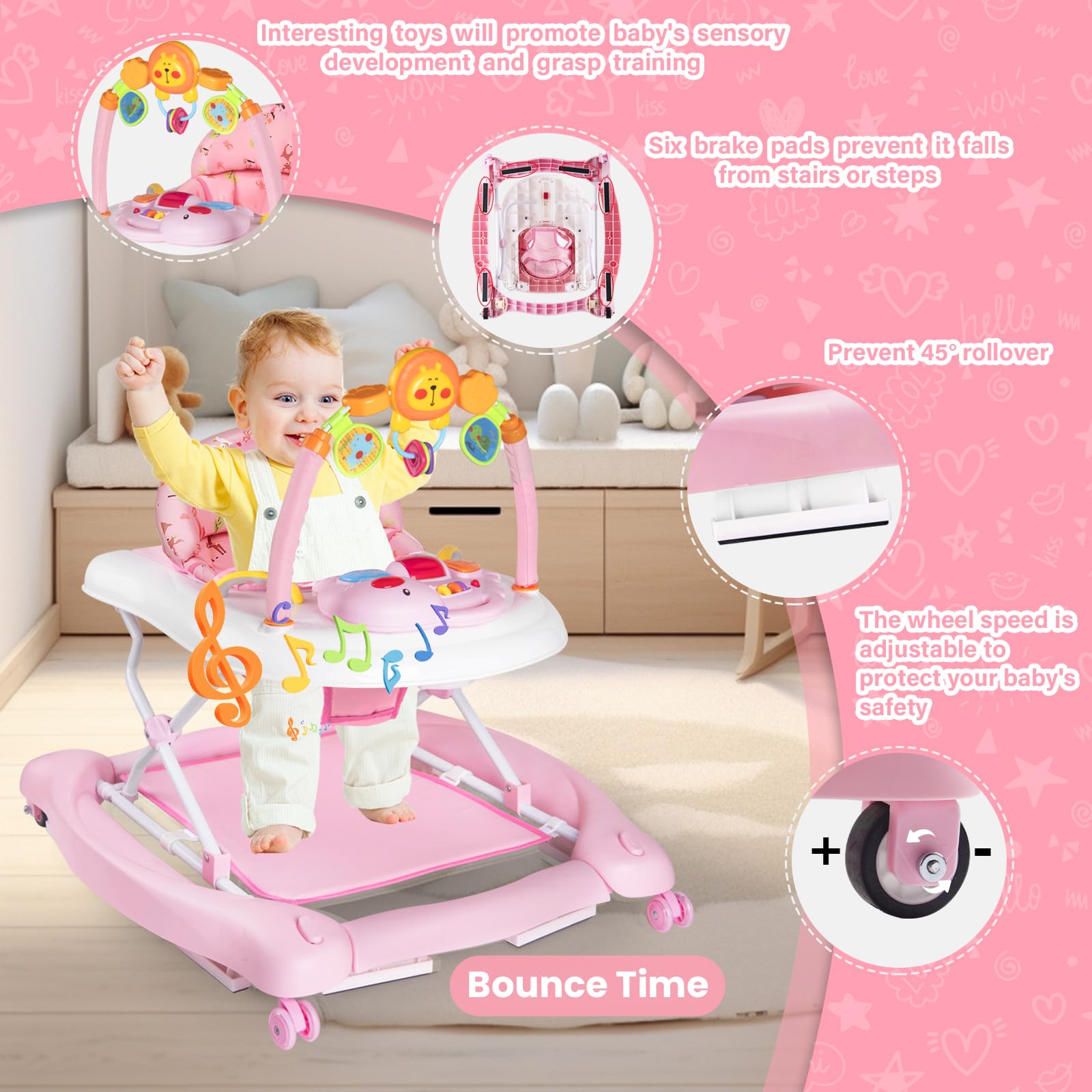 5-in-1 Baby Walker with Wheels and Activity Center