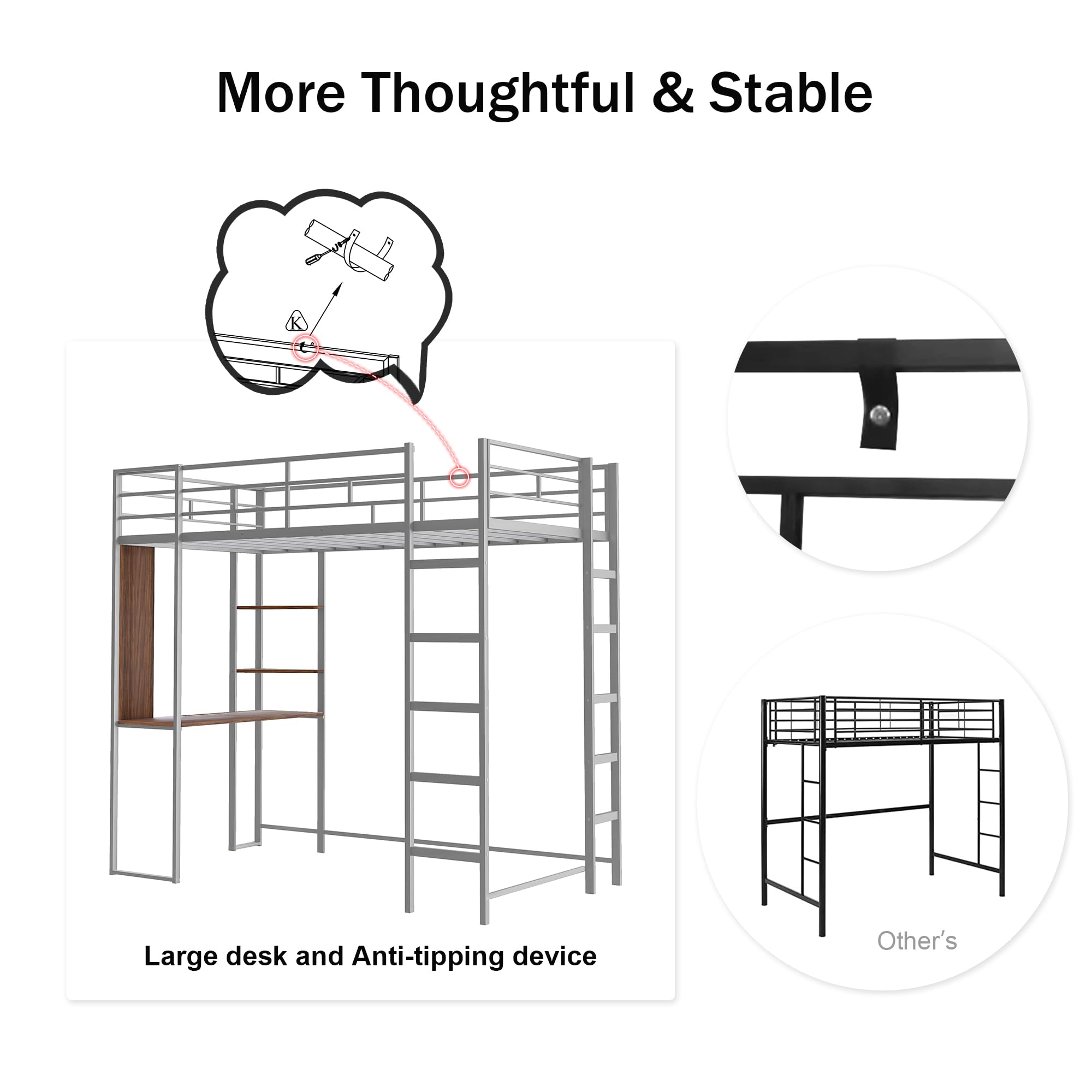 Metal Full Loft Bed with Desk and Shelves
