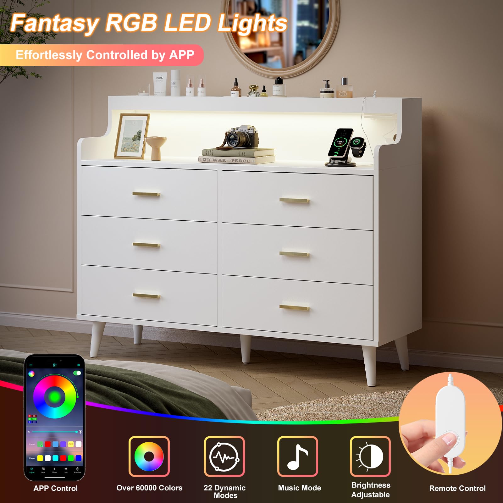 Wooden Dresser with Charging Station and LED Lights