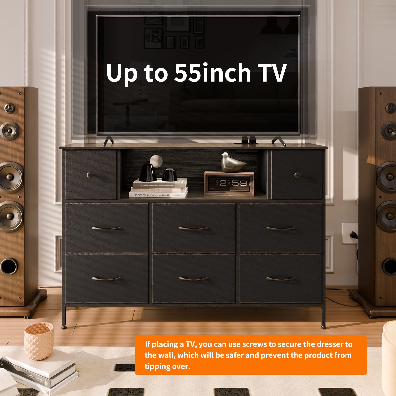 8-Drawer Dresser TV Stand with Charging Station and LED Lights