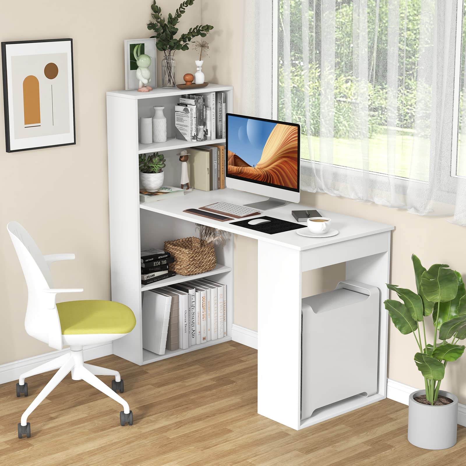 Computer Desk with Bookshelf, Reversible Study Writing Desk