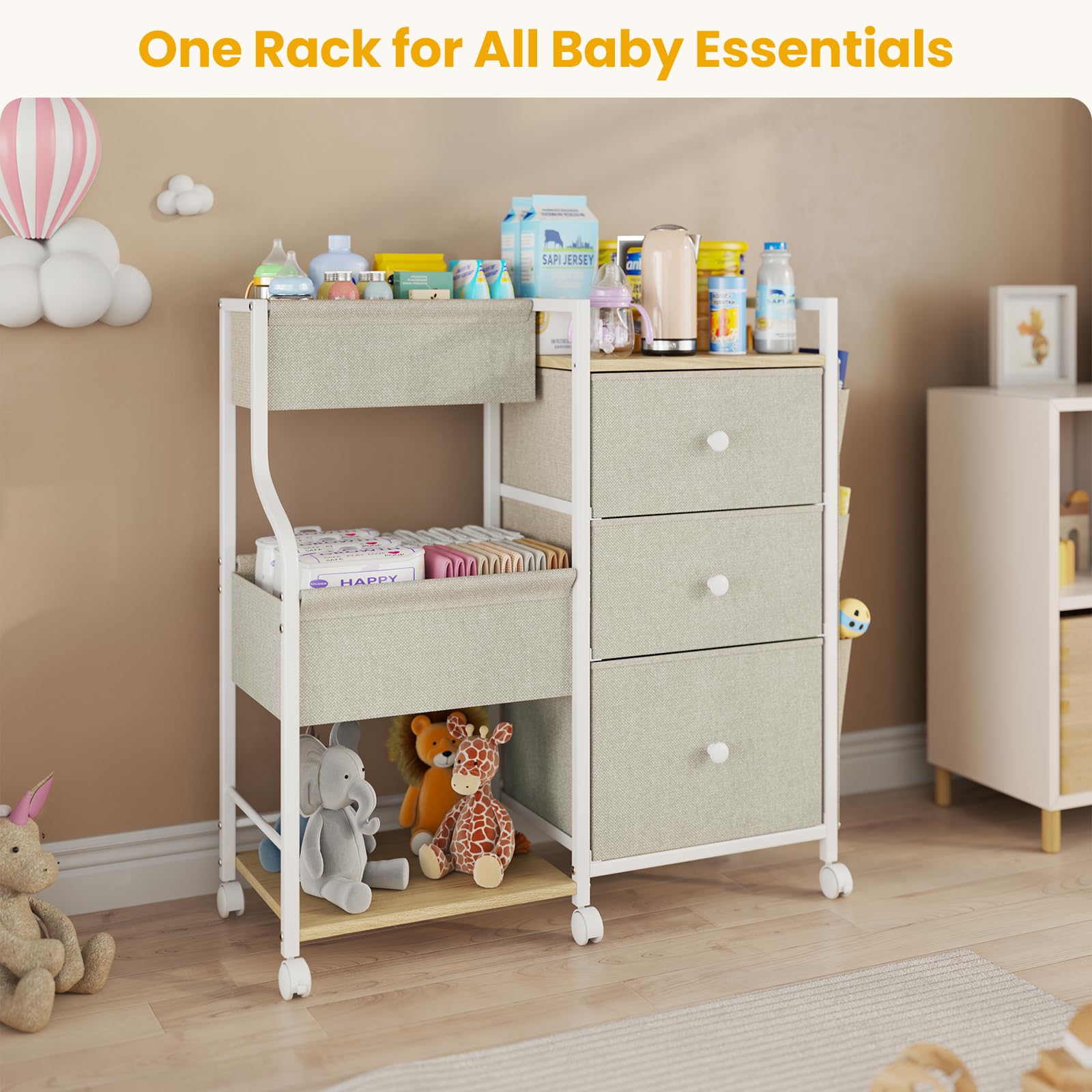 3-Tier Rolling Baby Organizer Cart with Dividers and Drawers