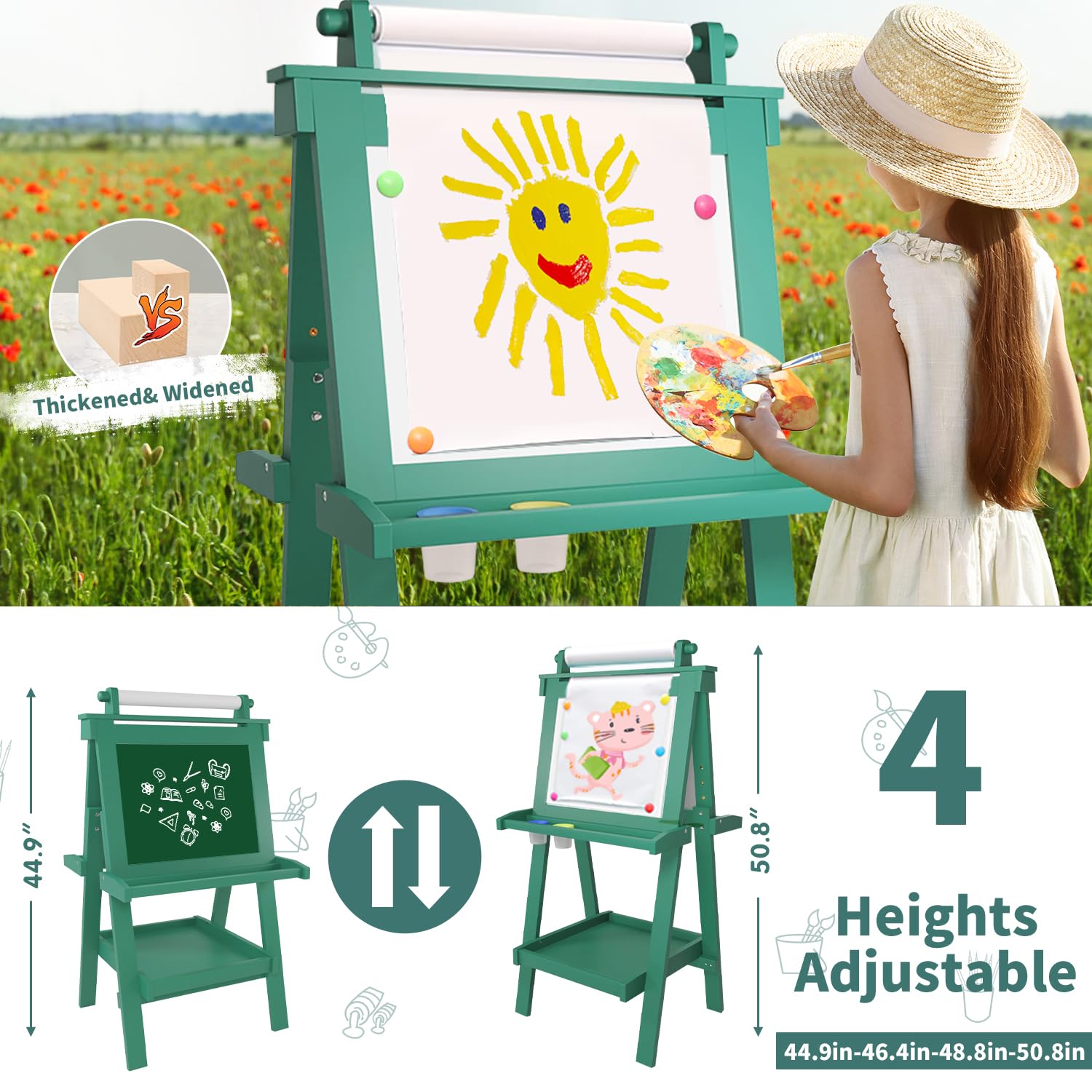 JUZBOT Easel for Kids Deluxe Foldable All-in-1 Toddler Easel with Paper Roll& 84pcs Accessories Magnetic Chalk-Whiteboard Art Center for Kids 3 4 5 6 7 8 Years Old Boys Girls-Green