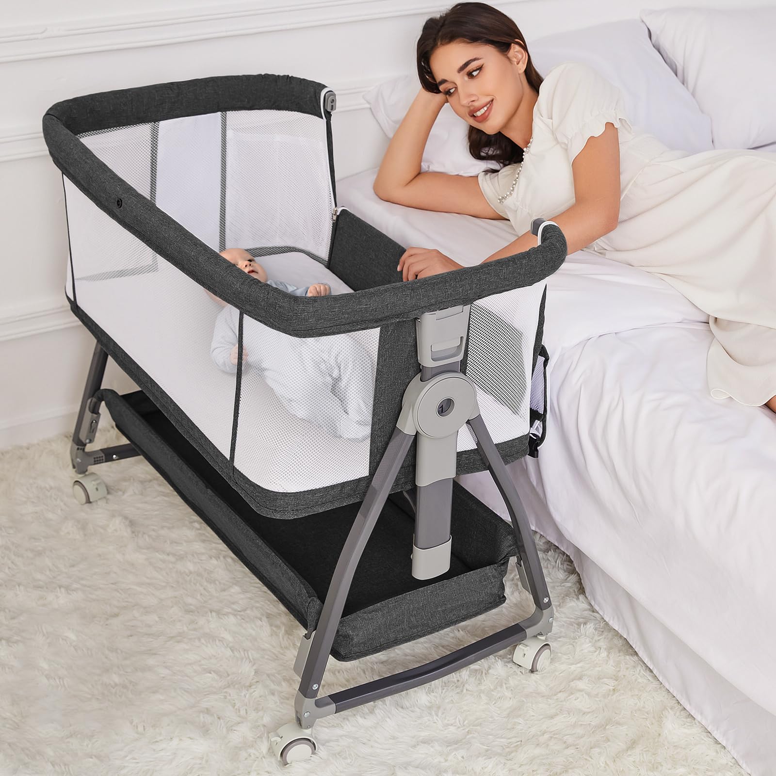 Bedside Bassinet for Baby, Adjustable Newborn Bassinet with Wheels