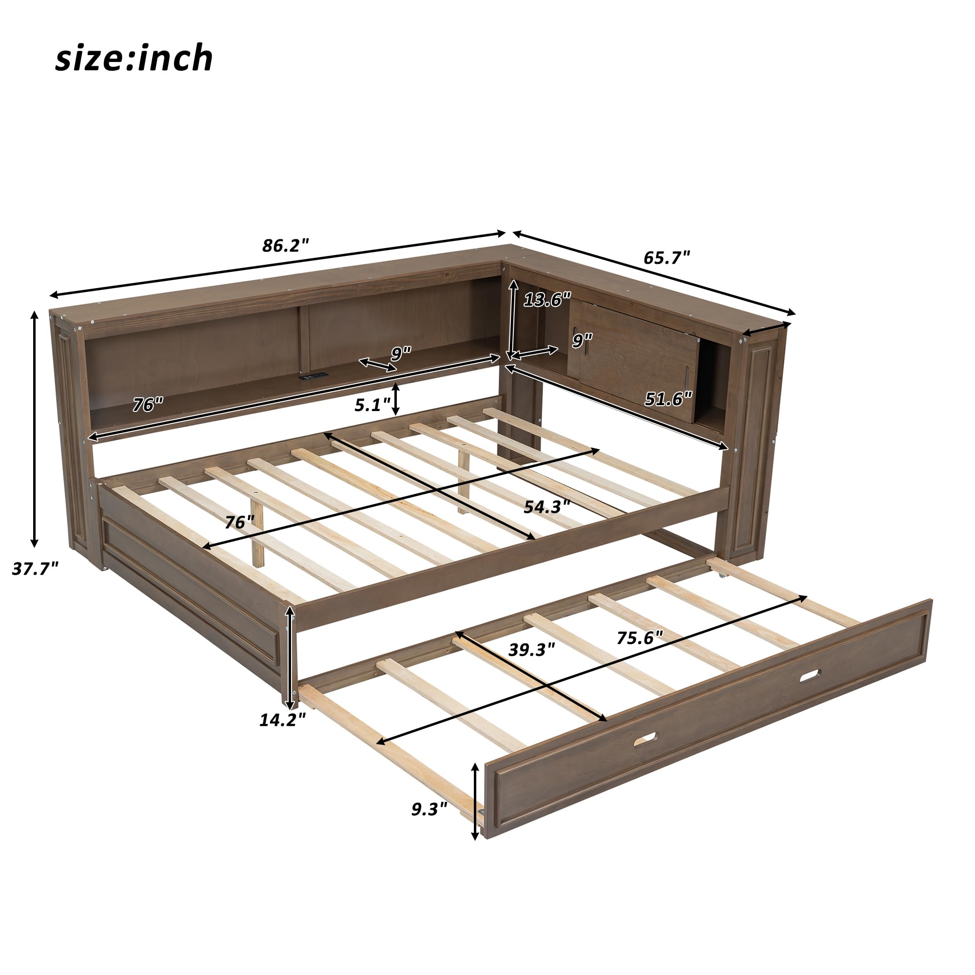 Full Size Wood Daybed with Twin Trundle and Storage Shelves