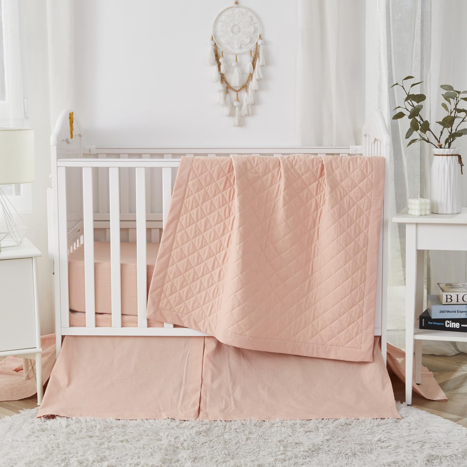 Belsden Crib Skirt with Durable Woven Platform for Boy and Girl, 2 Long Sides Pleated, Split Corners Dust Ruffle for Easy Placement Inside of Standard Crib, 14 inches (36cm) Length Drop, White Color