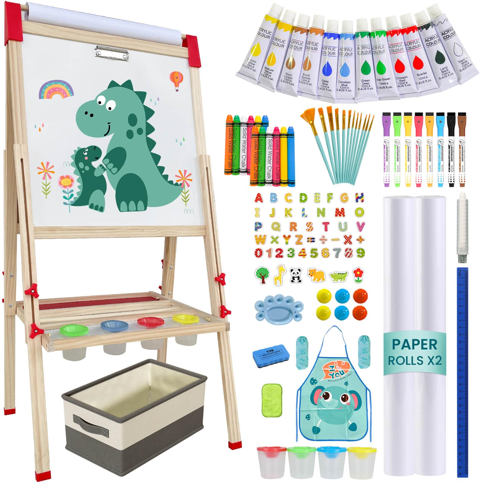 Adjustable Wooden Art Easel for Kids,114+ Art Supplies,Double Sided Magnetic