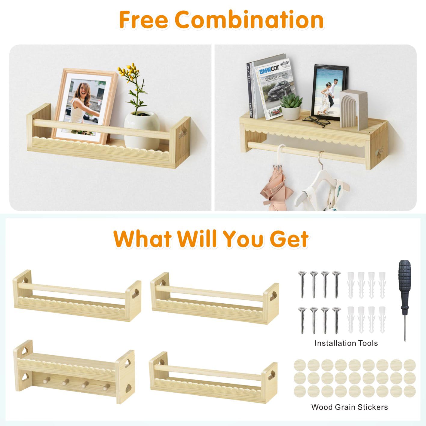 Floating Wall Bookshelf Set of 4 for Kids Room