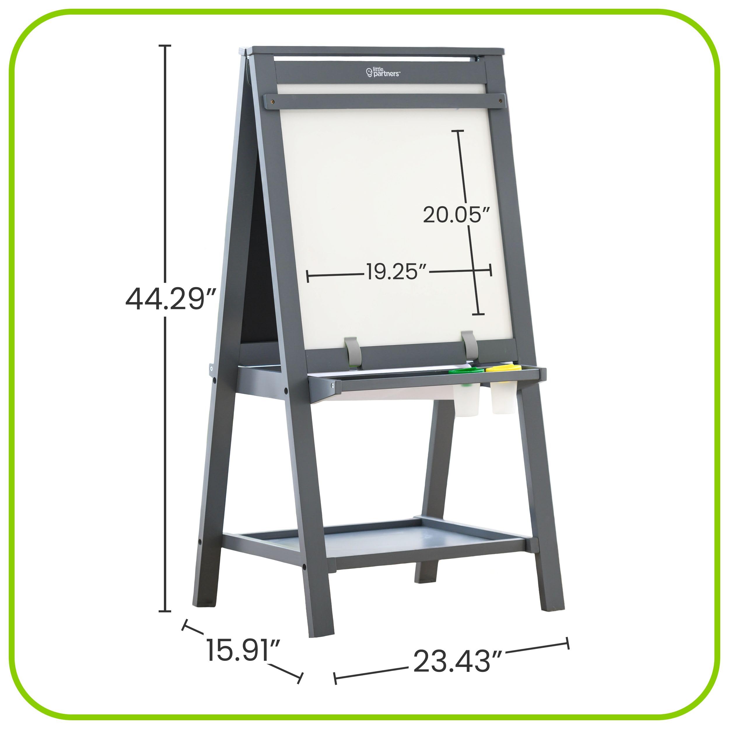 Little Partners Folding EZ Painting Easel for Kids, Dual-Sided Art Easel for Kids Art Station, Folds Flat with Chalkboard, Dry Erase Whiteboard, Paper, Eraser, Paint Cups, Shelf (Earl Grey)