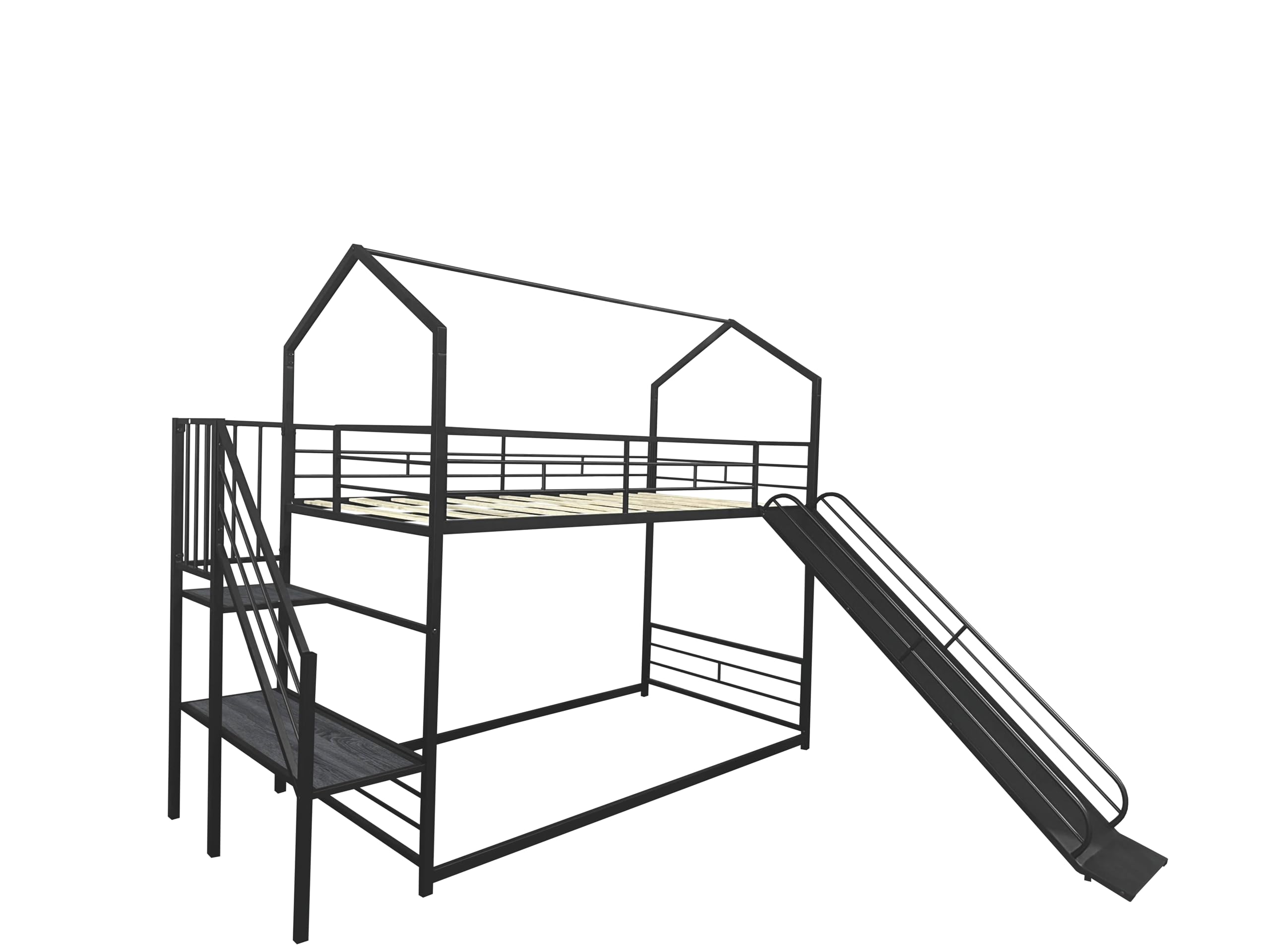 Staircase Bunk Bed with Slide for Kids,Low Bunk House Bed