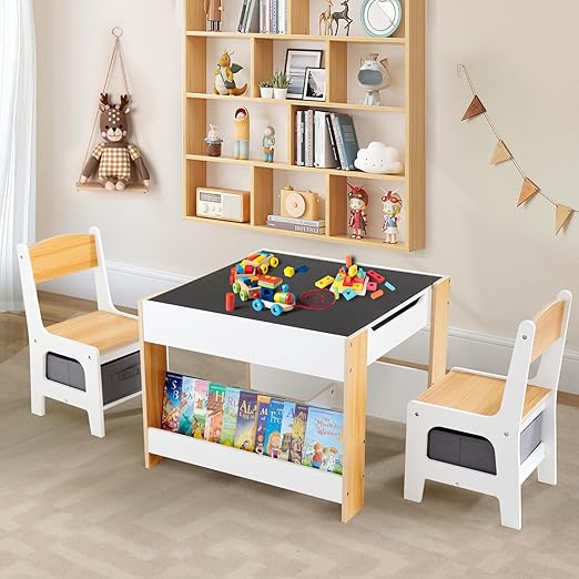 Kids Table and Chair Set,4 in 1 Toddler Desk with Storage Drawer
