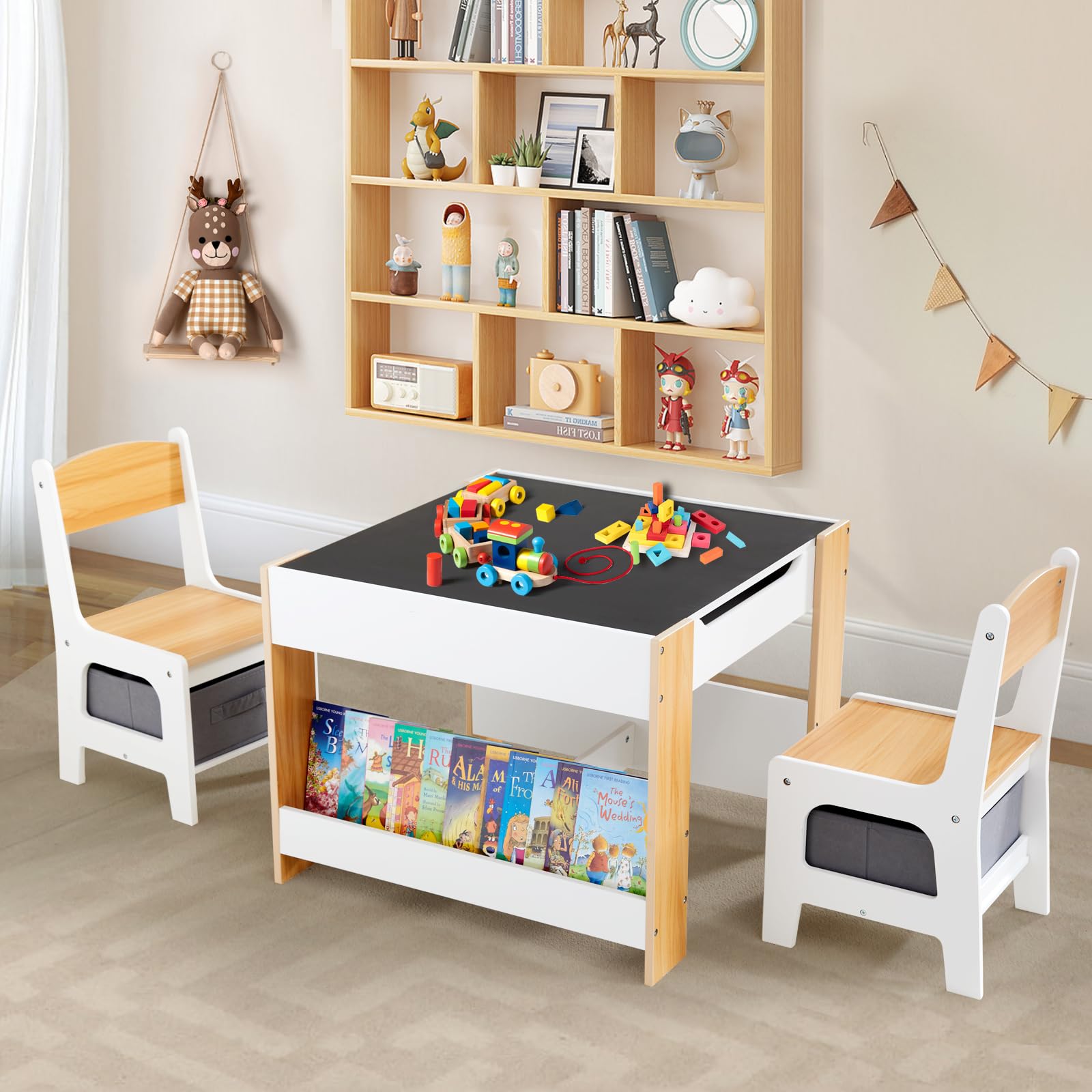Kids Table and Chair Set,4 in 1 Toddler Desk with Storage Drawer