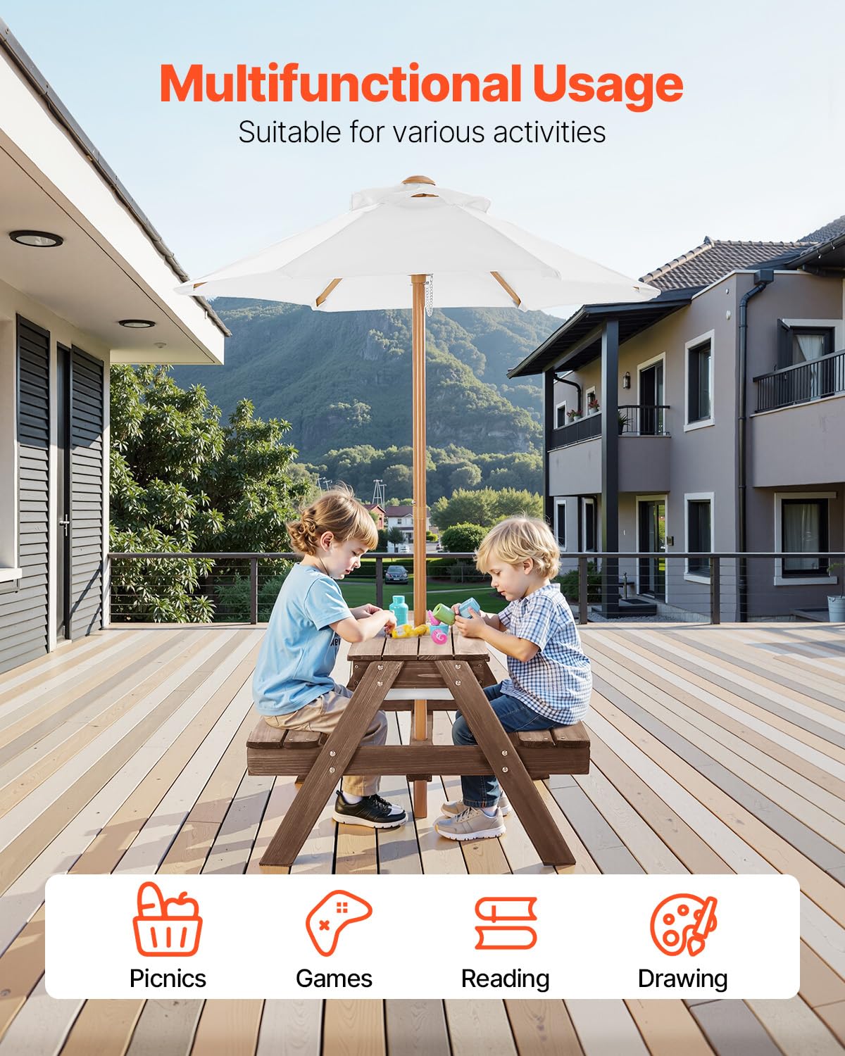 Kids Picnic Table with Umbrella 3-in-1 Sand Water Table Outdoor Wooden Bench Set