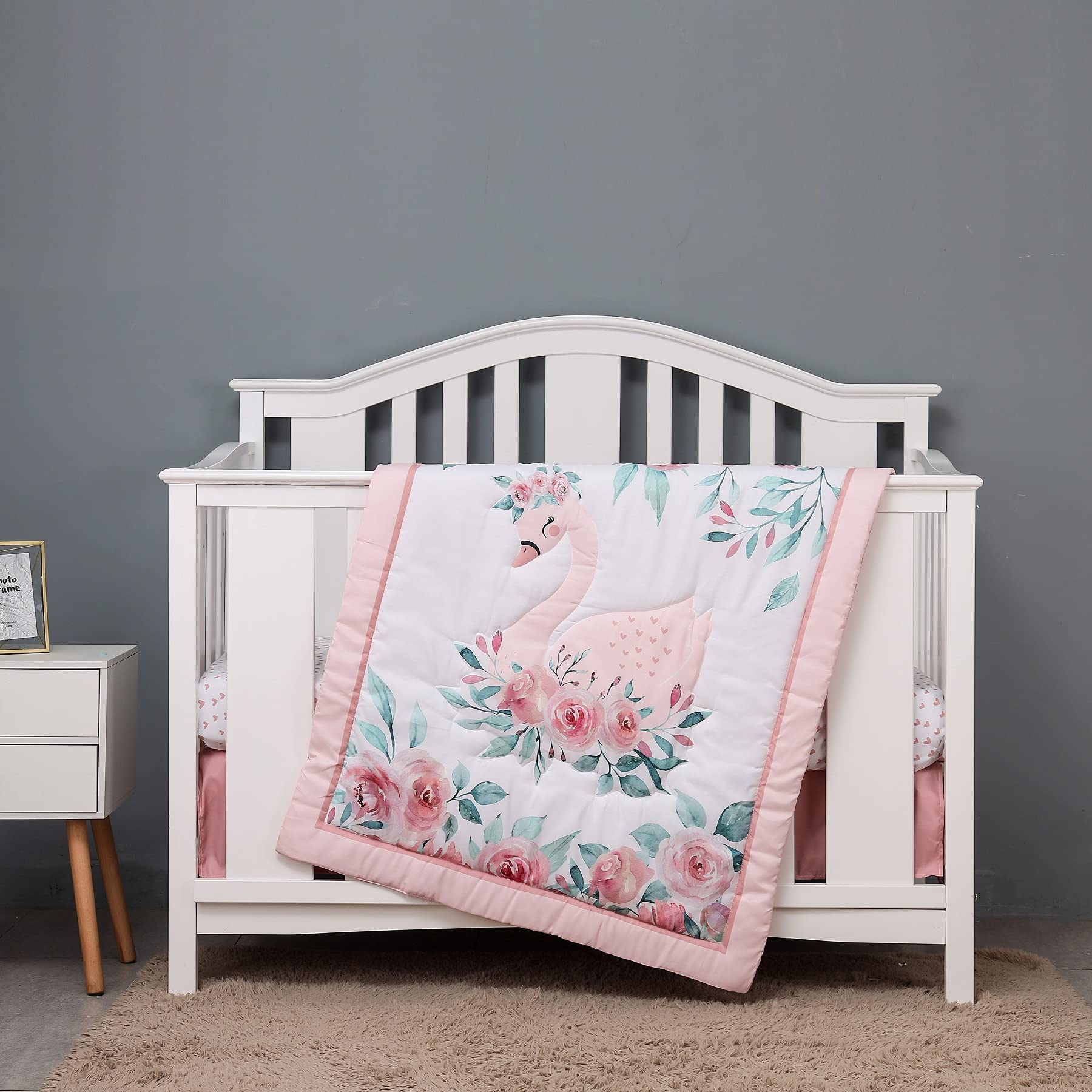 Pink Floral Swan Crib Bedding Set for Baby Girls