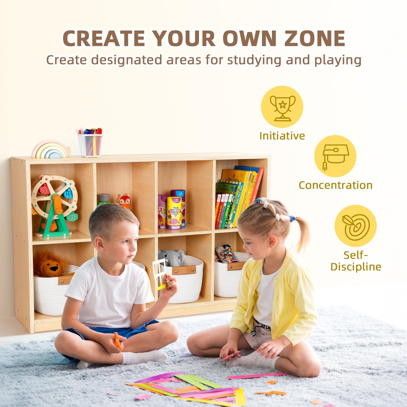 8-Compartment Wooden Storage Cabinet for Kids - Toy Organizer Bookshelf
