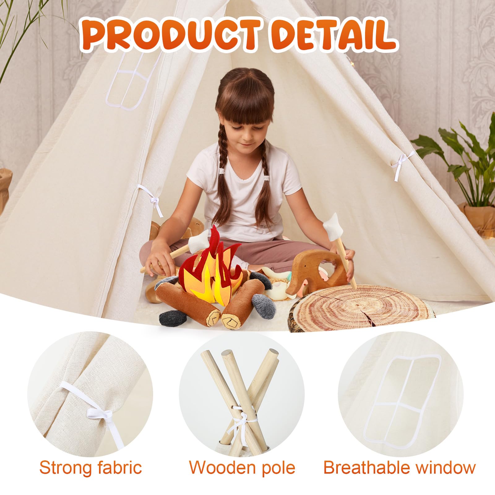 Kigley 26 Pcs Pretend Camping Play Set Includes Kids Teepee Tent Beige Indoor Play Tent Felt Campfire Toys Wood Print Throw Pillow Floor Cushion for Boys Girls Adults Dramatic Play Home Decorations