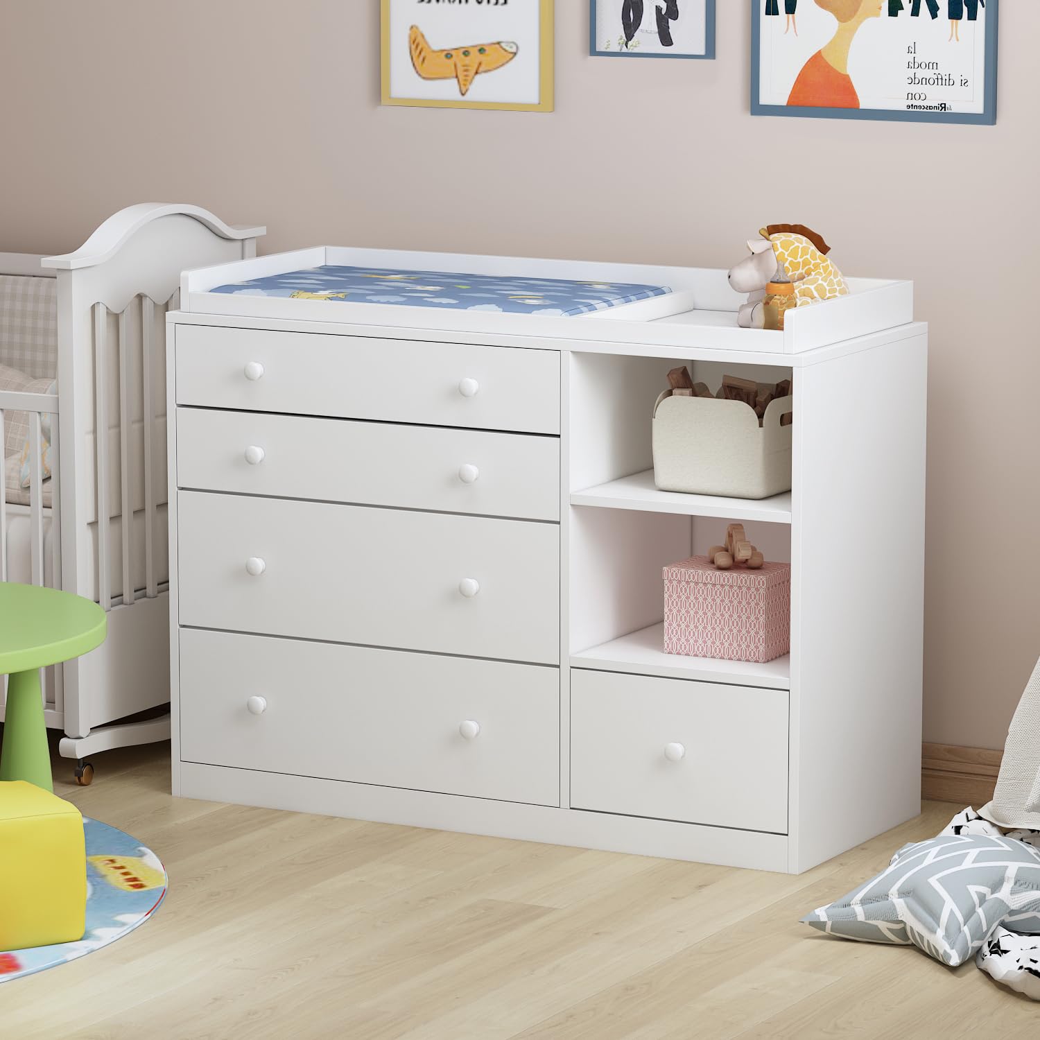 White Nursery Dresser with 5 Drawers & Storage Shelves