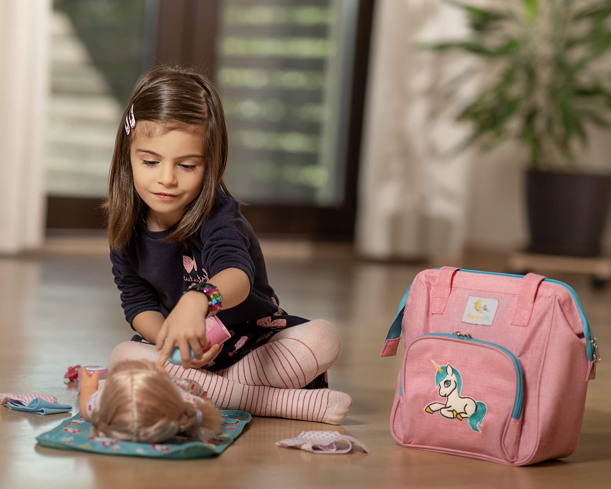 Baby Doll Diaper Bag Unicorn Embroidery 14-Piece Pretend Play