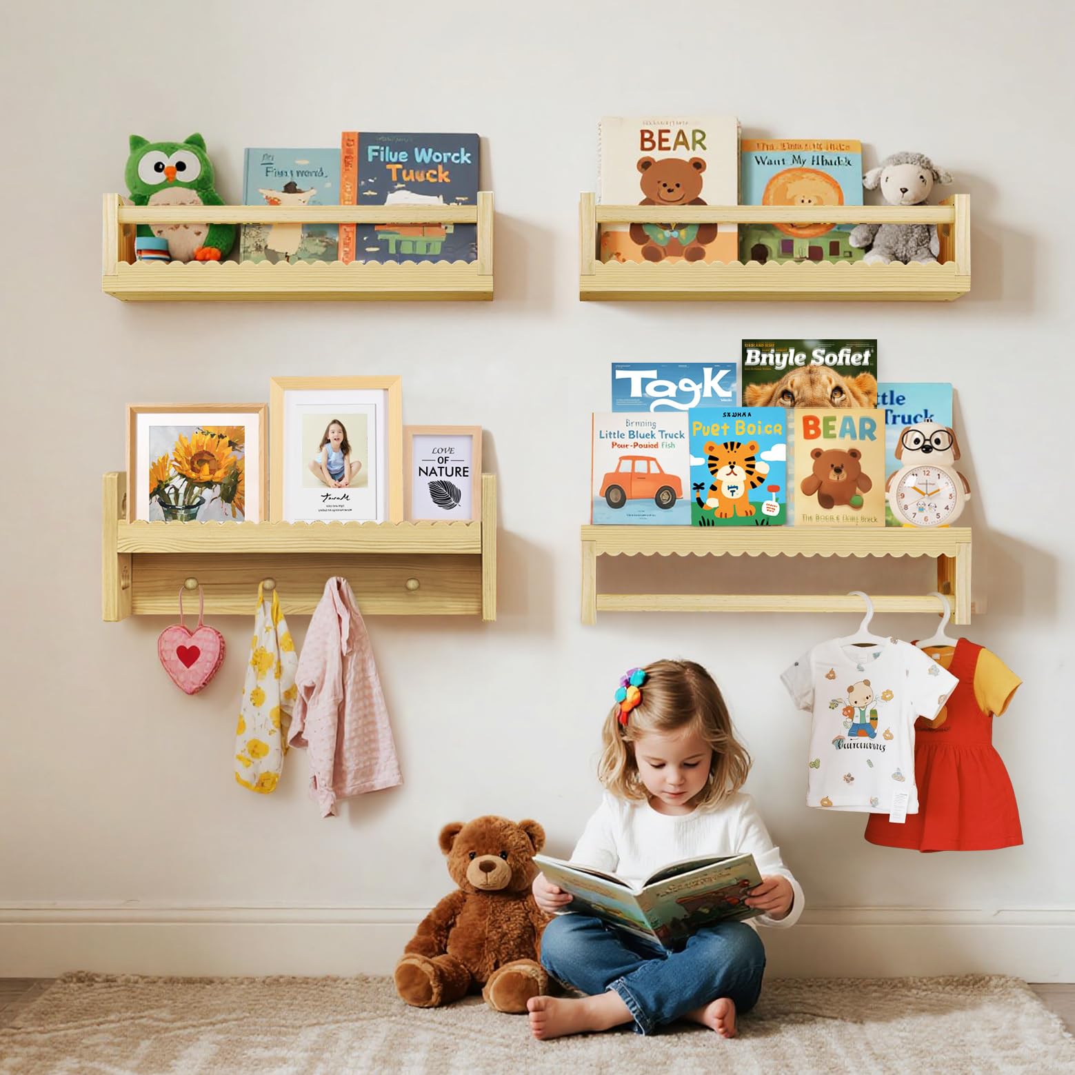 Floating Wall Bookshelf Set of 4 for Kids Room