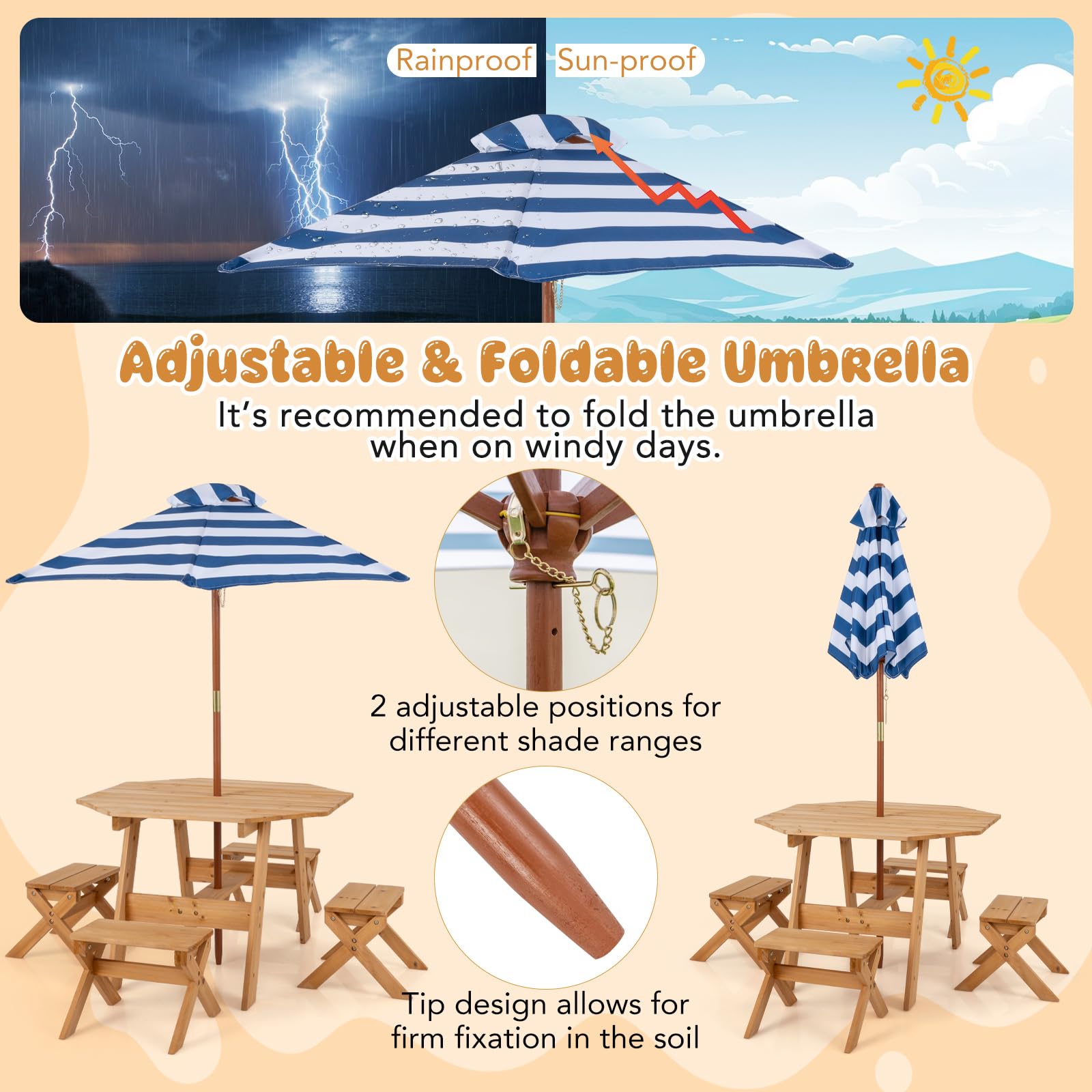Kids Outdoor Picnic Table Set with Umbrella and 4 Stools