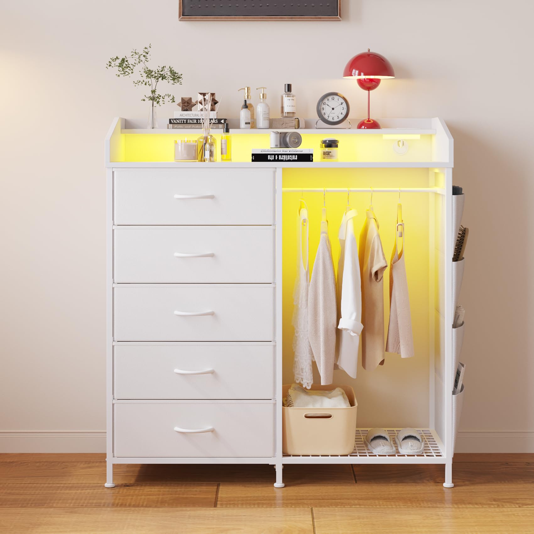 Modern 5 Dresser with LED Hanging Rack, Dresser with Clothes Rack