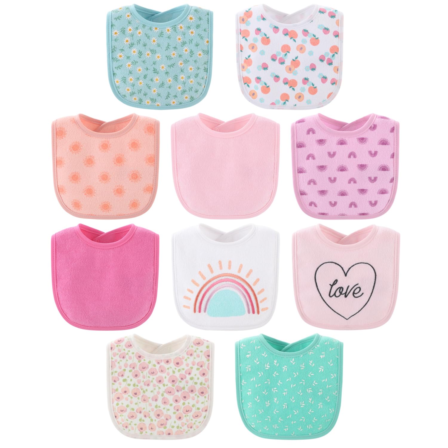 Baby Girl Terry Bib Set of 10-100% Cotton, Soft, Absorbent Baby Bibs for Girls