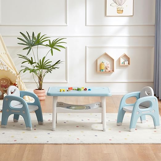 Kids Table and 2 Chairs Set, Large Built-in Storage, Montessori Toddlers