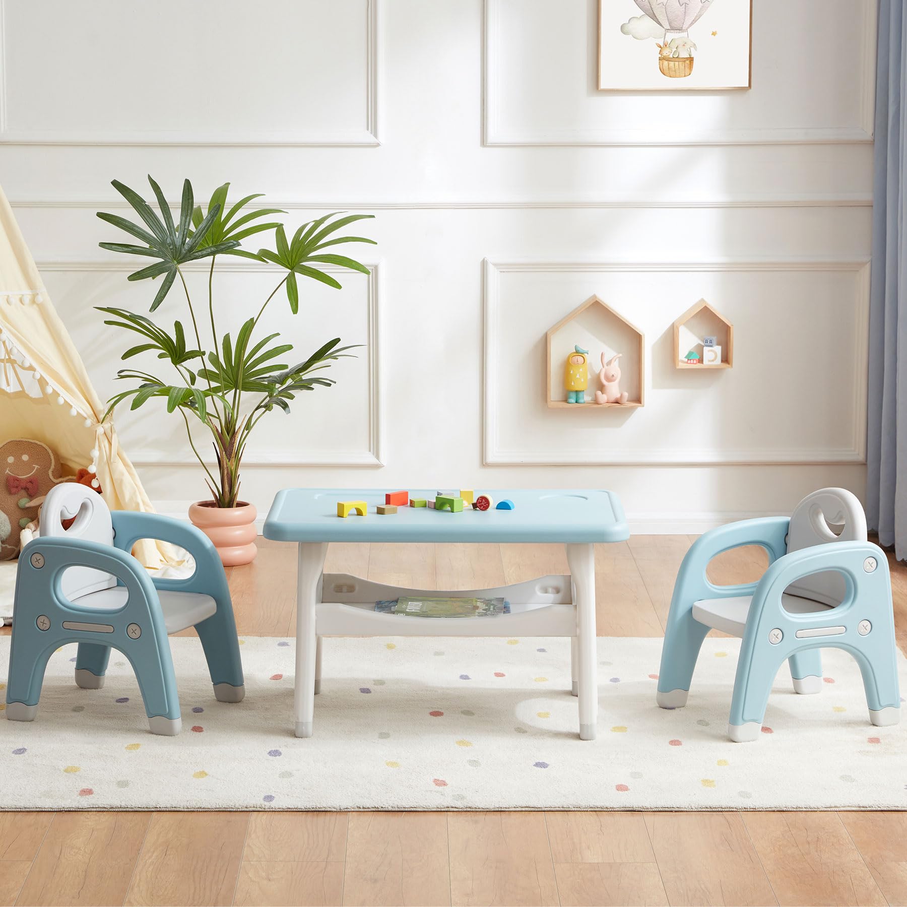 Kids Table and 2 Chairs Set, Large Built-in Storage, Montessori Toddlers