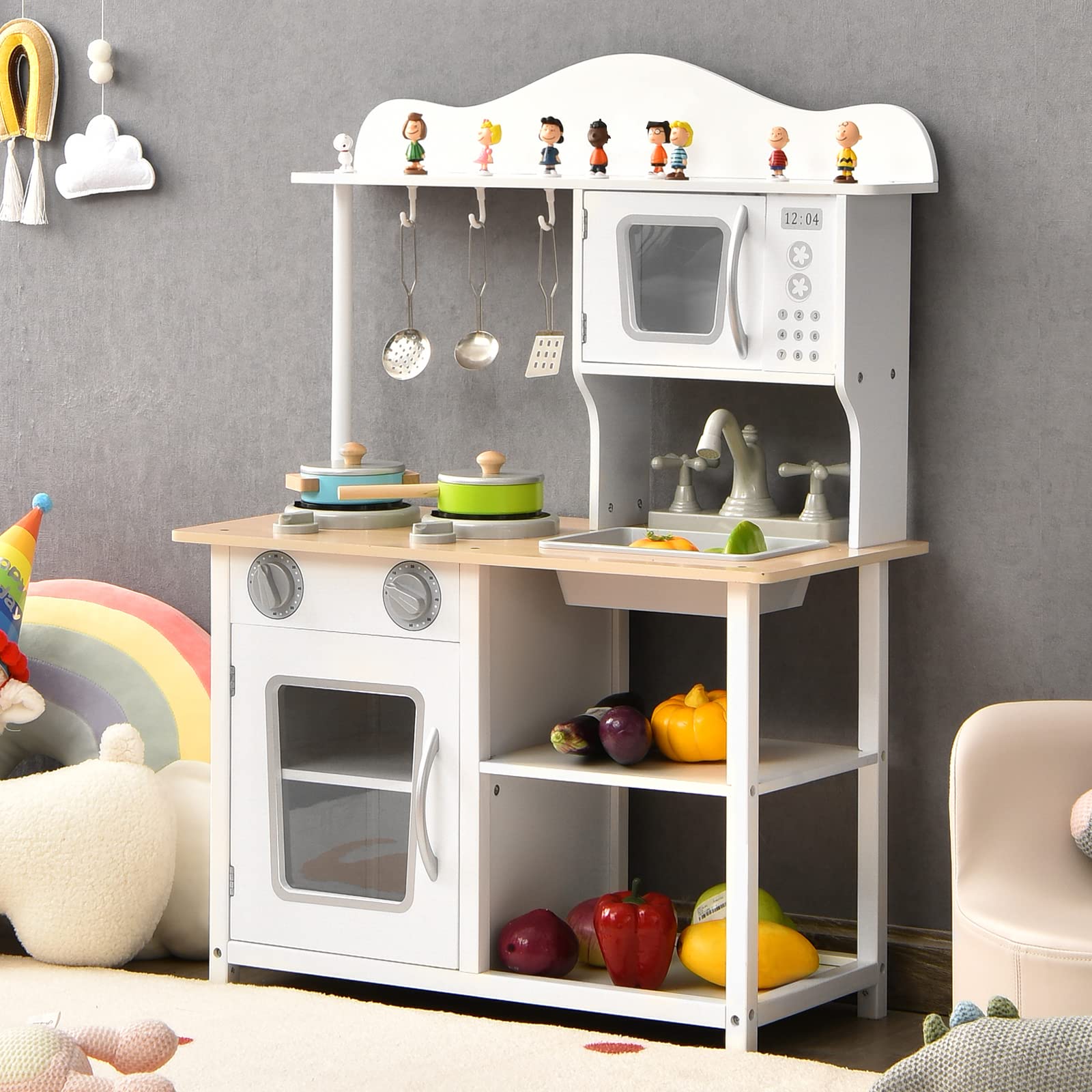 Kids Kitchen Playset, Wooden Pretend Toy Kitchen Set with Sink, Oven, Microwave