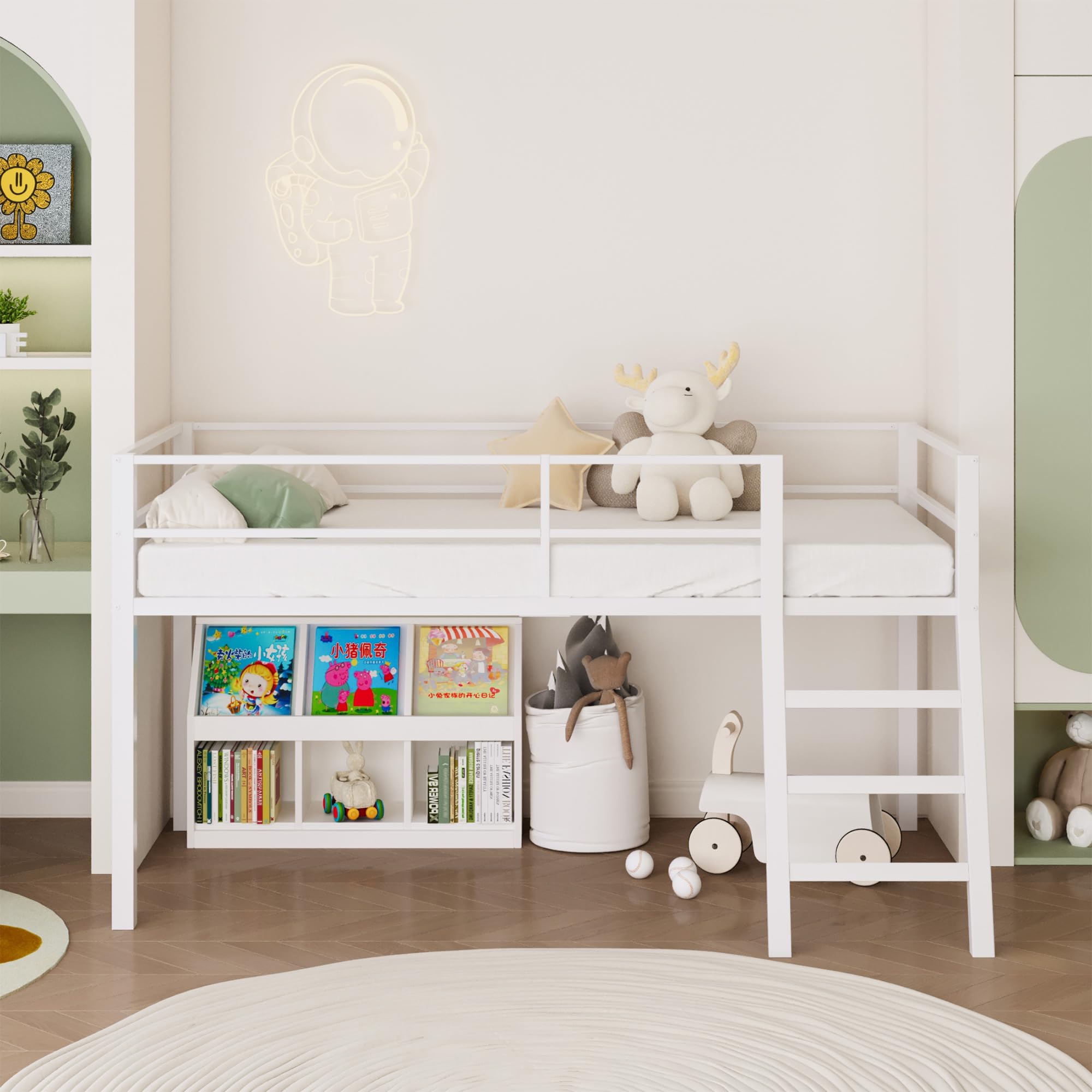 Loft Bed Twin Size, Low Junior Metal Twin Loft Bed with Stairs and Safety Guard