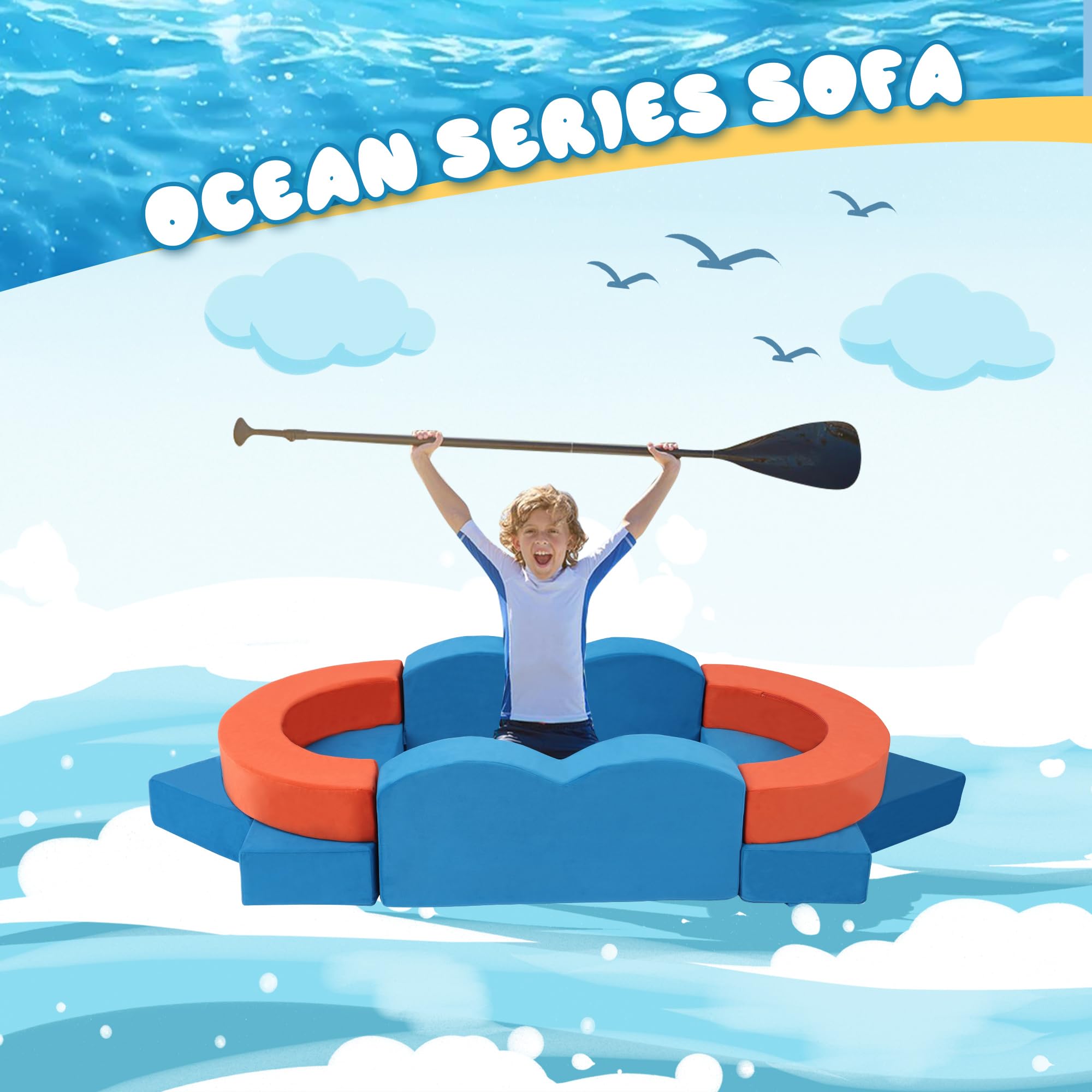 22-Piece Modular Kids Play Couch - Ocean Theme Convertible Furniture Set
