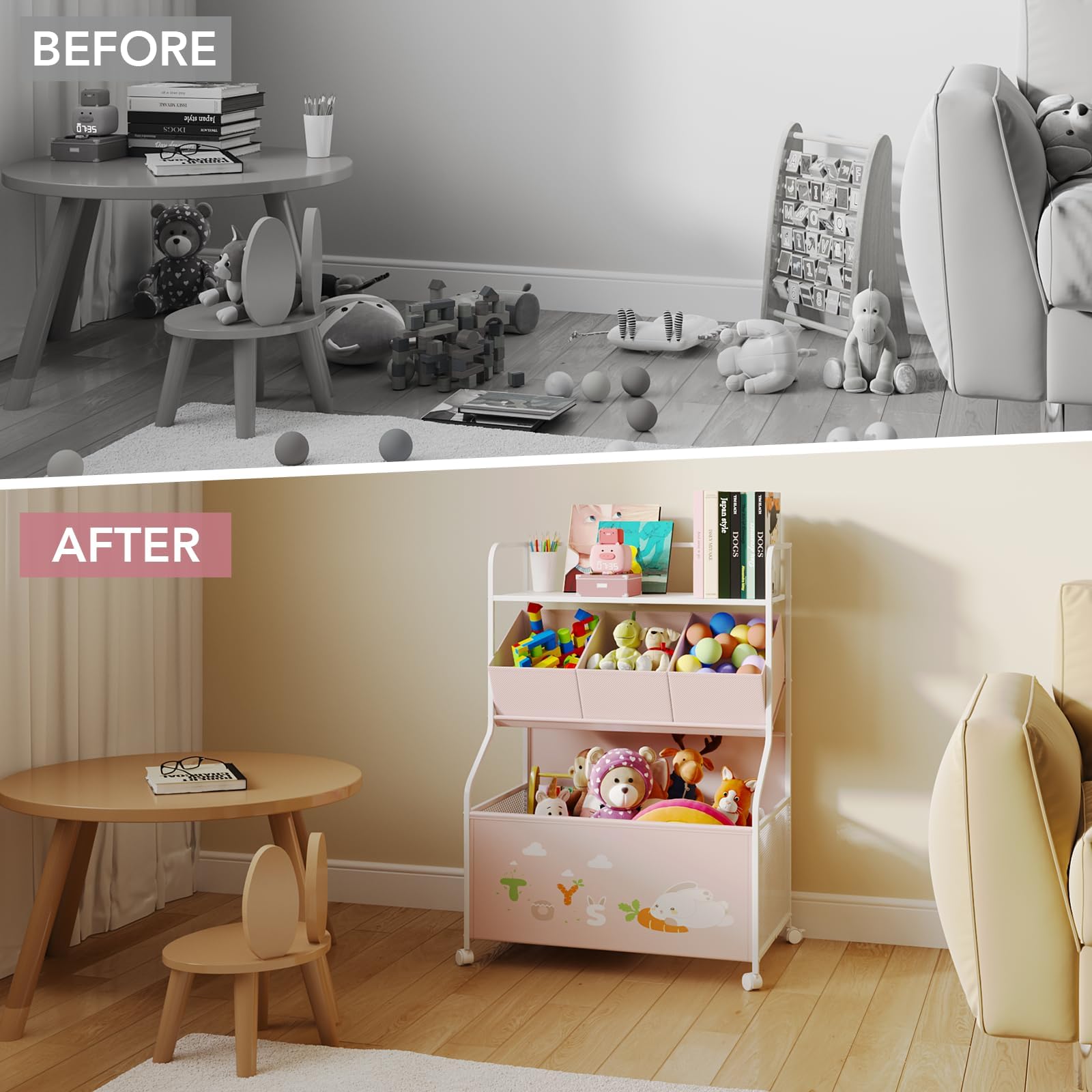 3-Tier Toy Storage Organizer with Wheels and Bookshelf