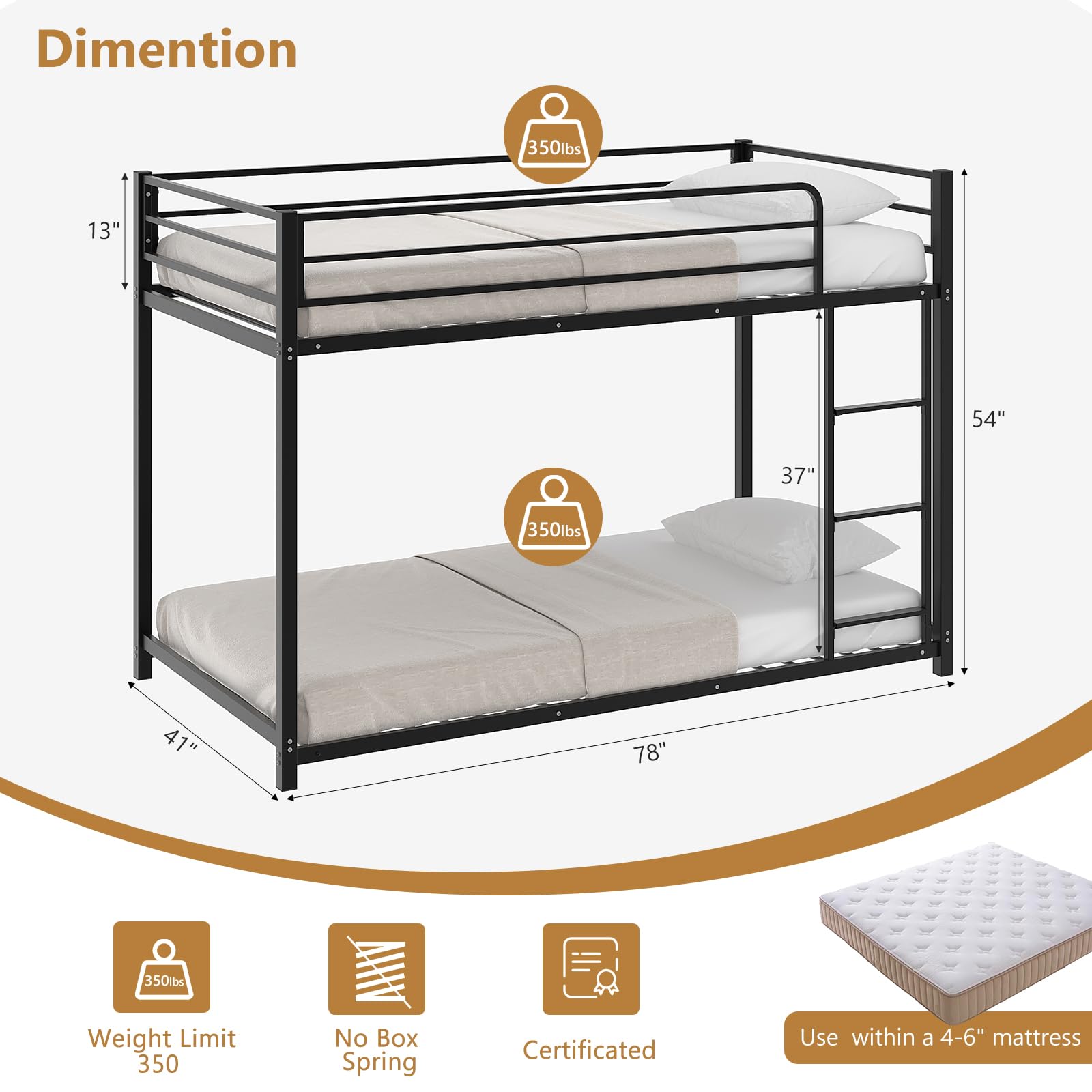 Twin Over Twin Metal Bunk Bed with Safety Guardrails