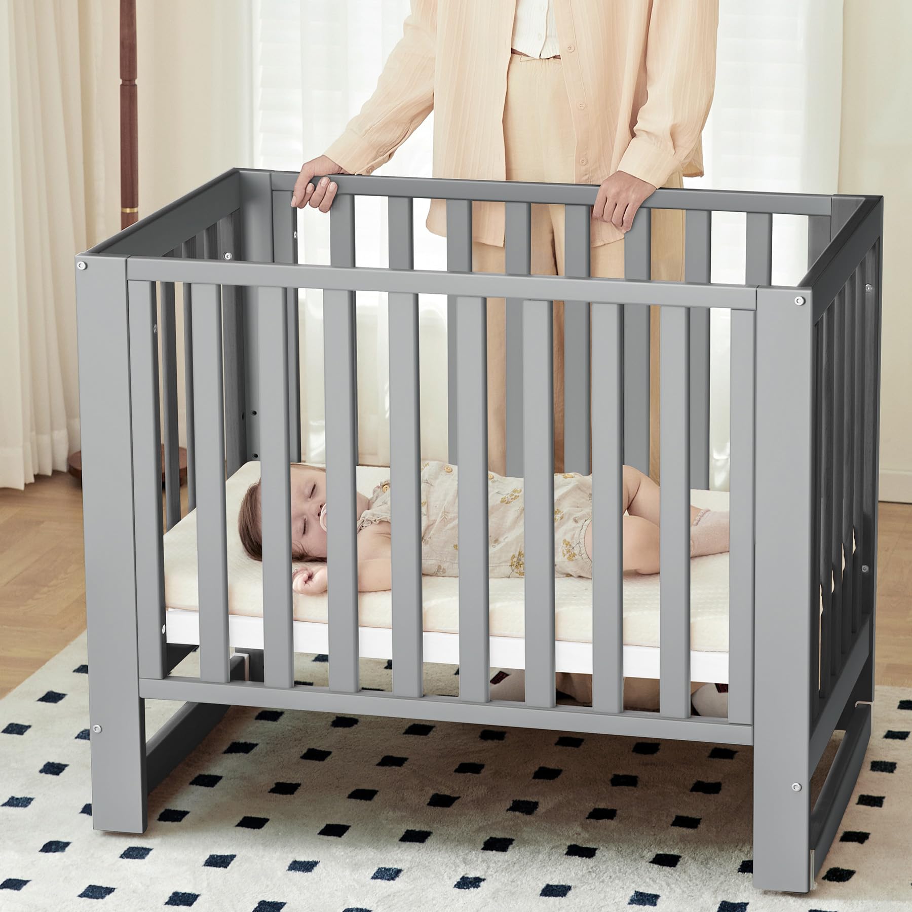 Baby Crib, 6 in 1 Convertible Mini Crib with Wheels, 100% New Zealand