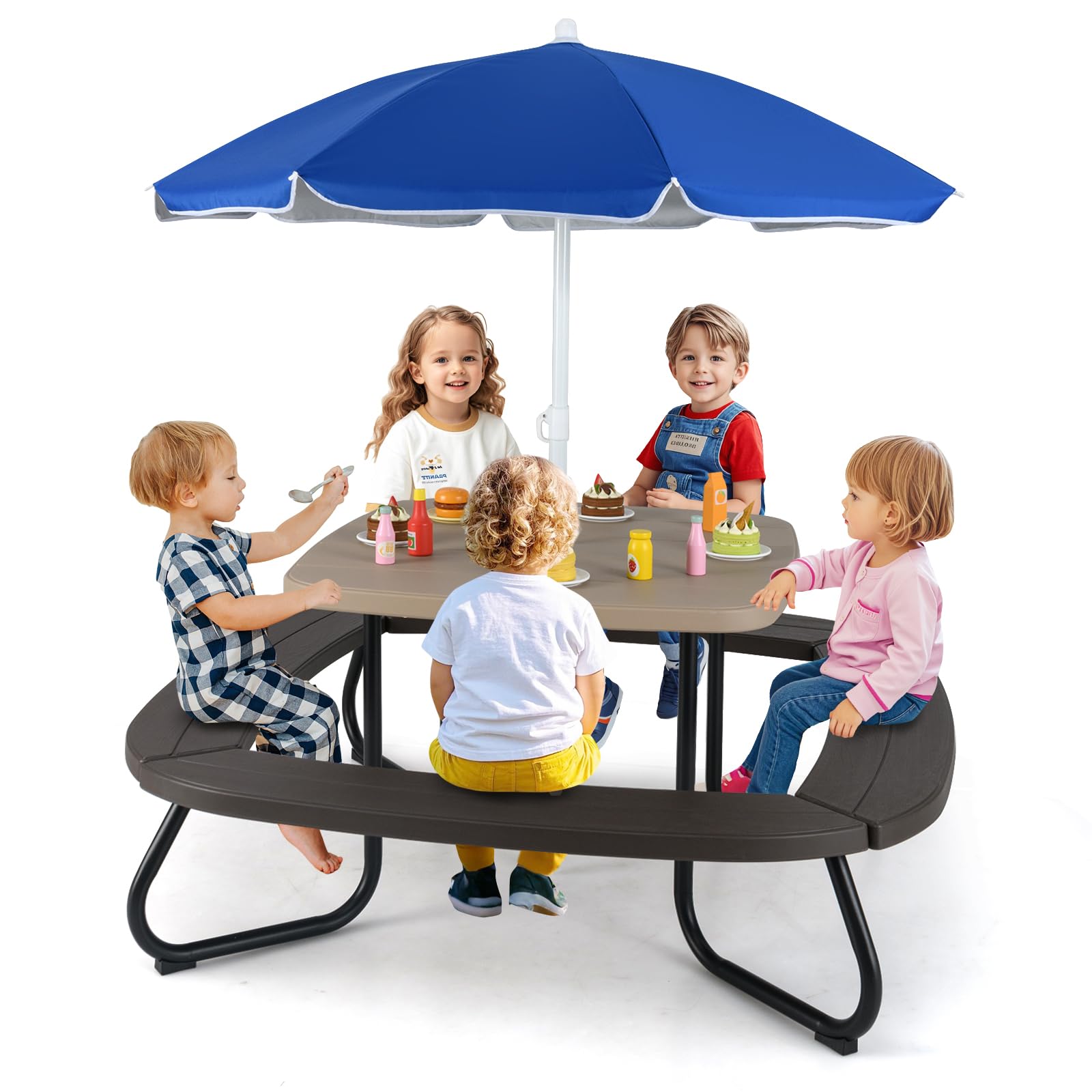 Kids Picnic Table, 8 Person Toddler Outdoor Table and Chair Set, 4 Built-in Benches