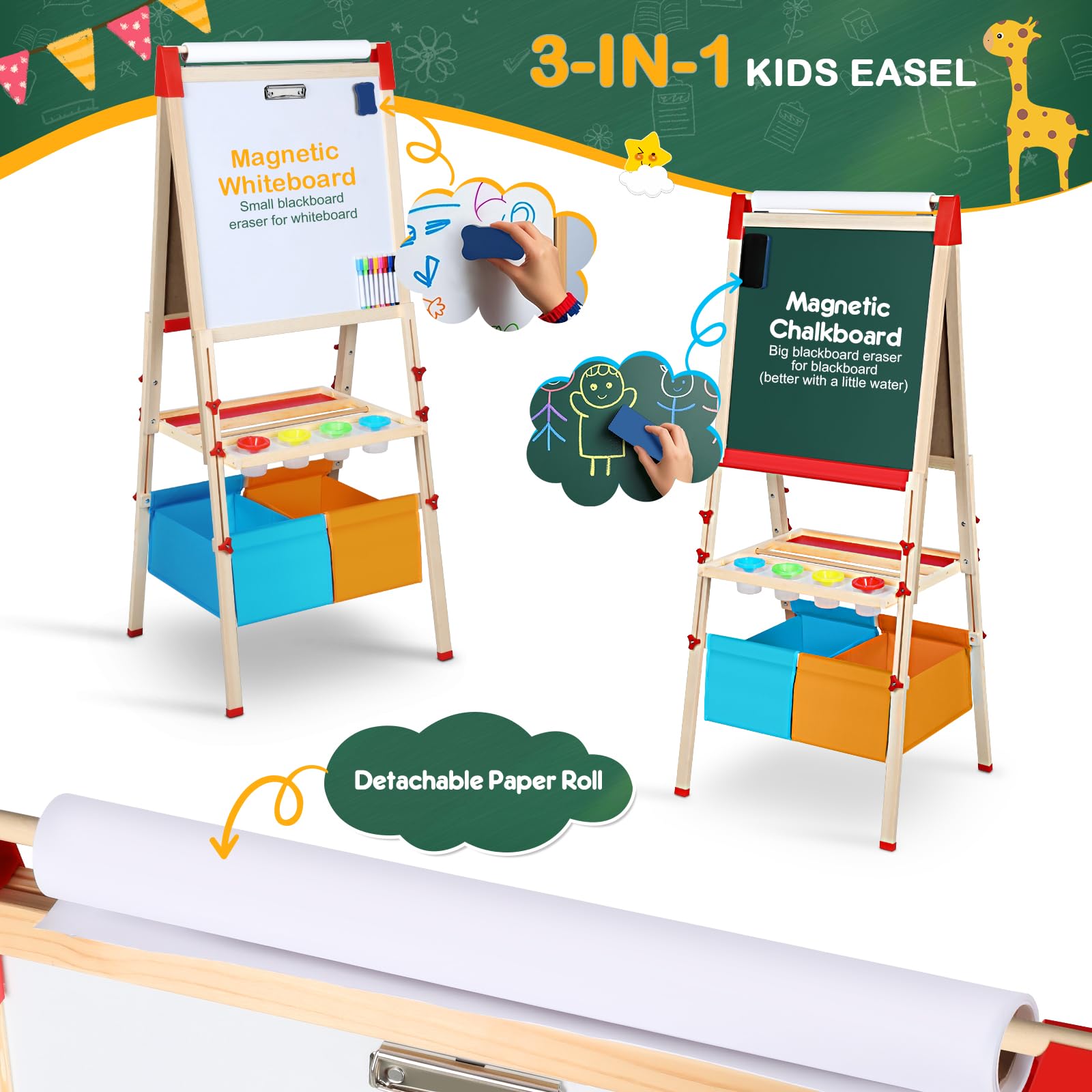 Easel for Kids,3 in 1 Adjustable Kids Art Drawing Easel Set,130+ Art Supplies,Wooden Double Sided Magnetic Chalkboard and White Board with Paper Roll,Painting for Aged 2-4,5-7,8-12