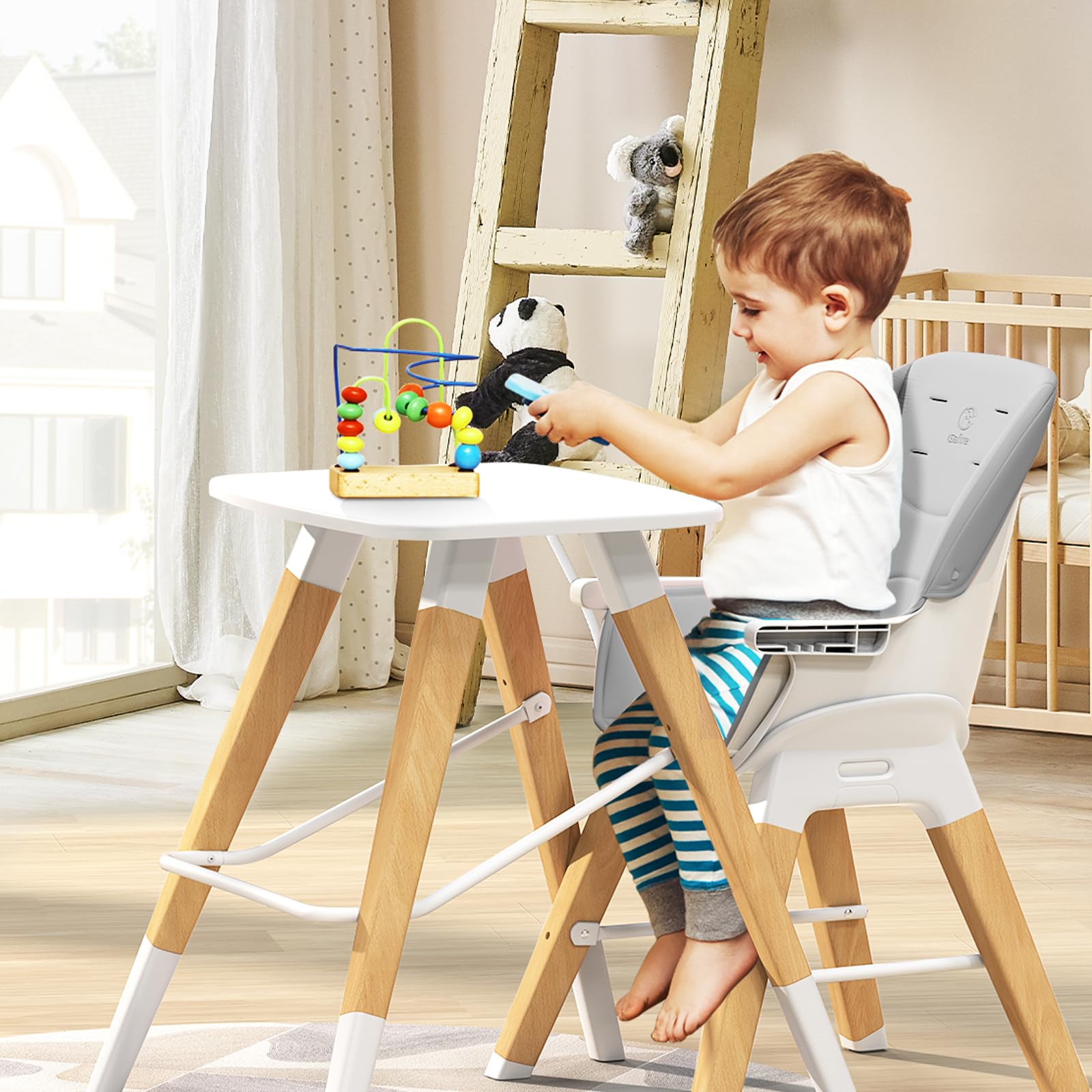 8 in 1 Highchair, Convertible Wooden Baby High Chair with Tray, Adjustable High Chair