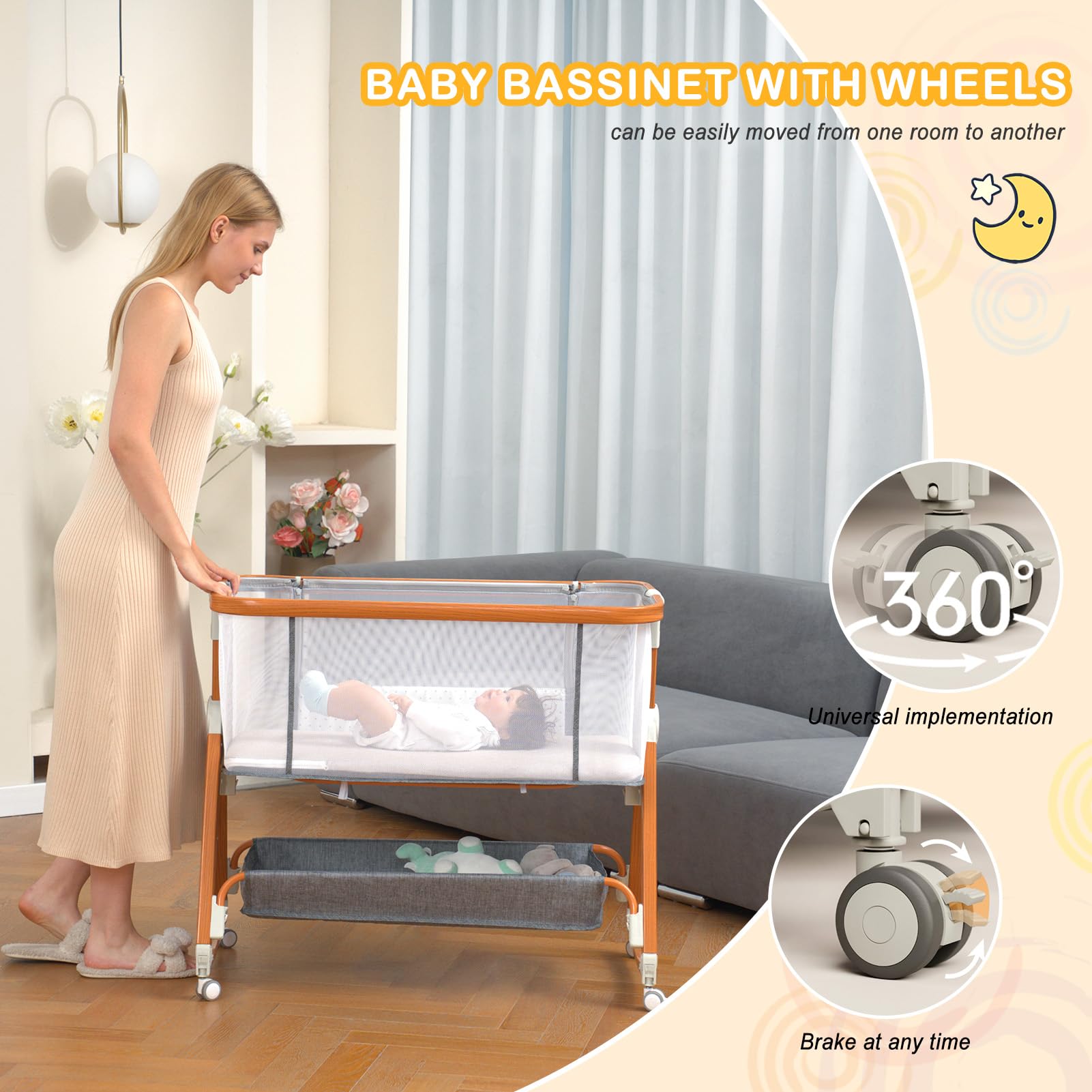 Adjustable Bedside Bassinet with Musical Toys
