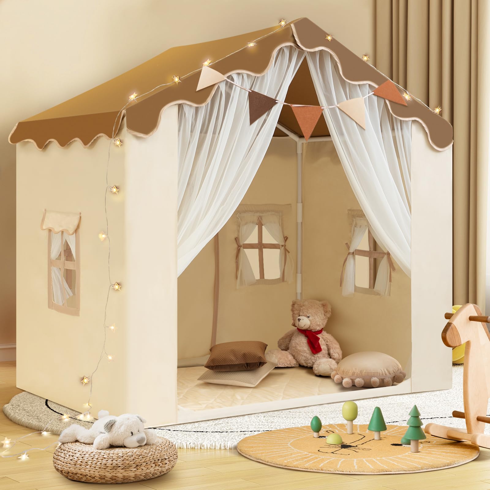 WIRHAO Kids Tent with Padded Mat Kids Playhouse Tent 2 in 1, Play Tent Large Space Indoor with 2 Doors and 4 Windows for Girls Boys with Stars Lights, Carry Bag, Banner Flag (Brown, 2 in 1)