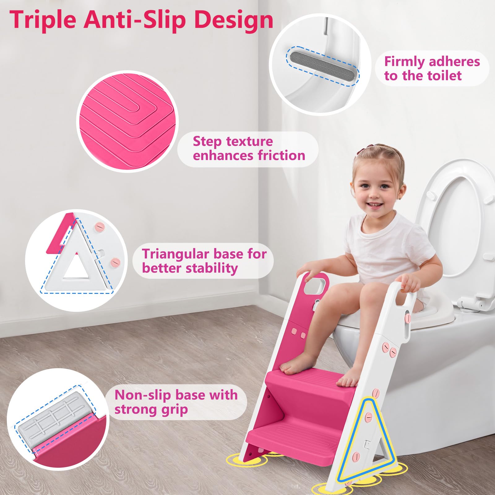 Beavtaens Easy Storage Potty Training Seat with Ladder, Adjustable Step and Toilet Seat Height, Easy-Grip Handles for Climbing, Foldable Portable Toddler Toilet Trainer, Perfect for Small Bathrooms