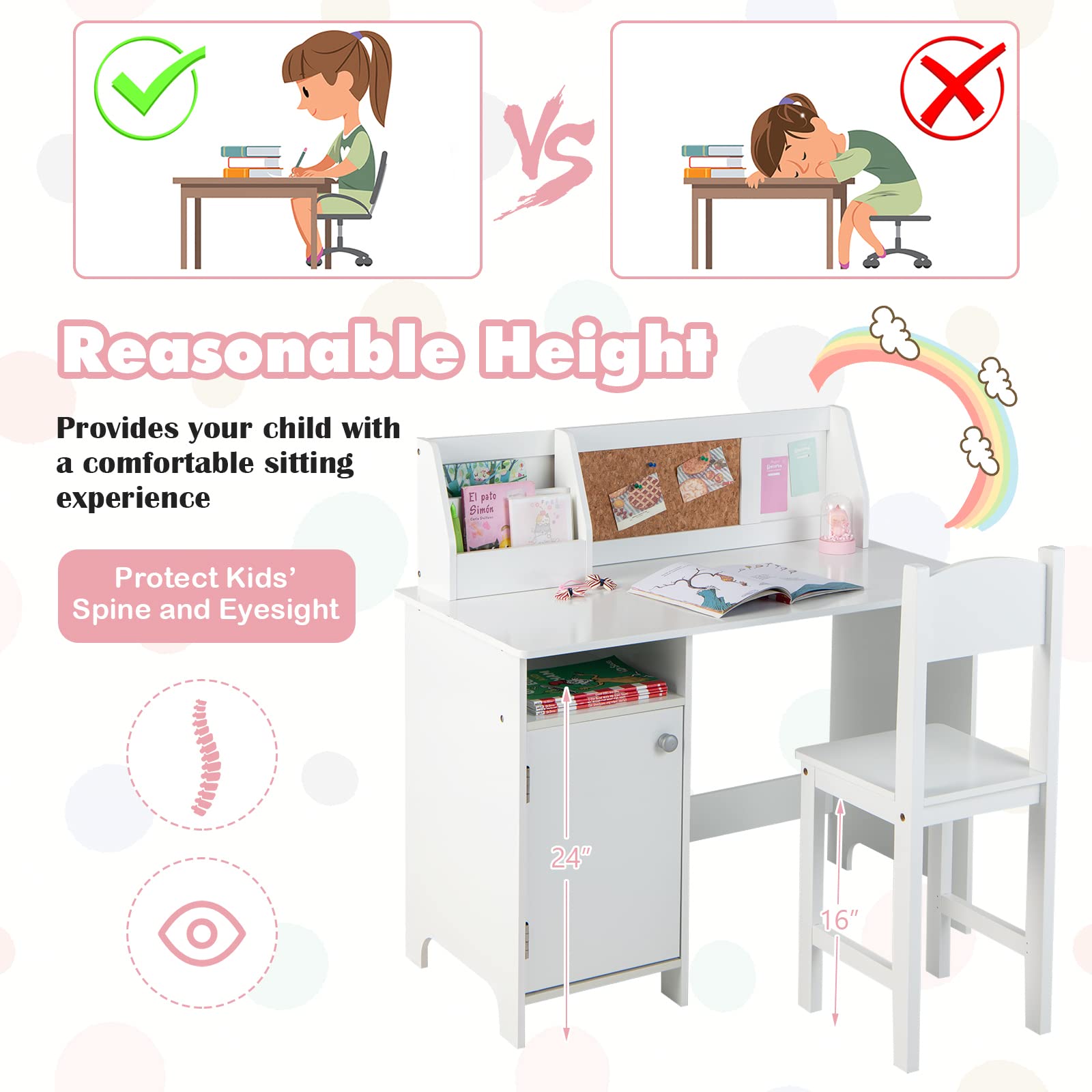 Kids Desk and Chair Set with Storage Hutch and Bulletin Board