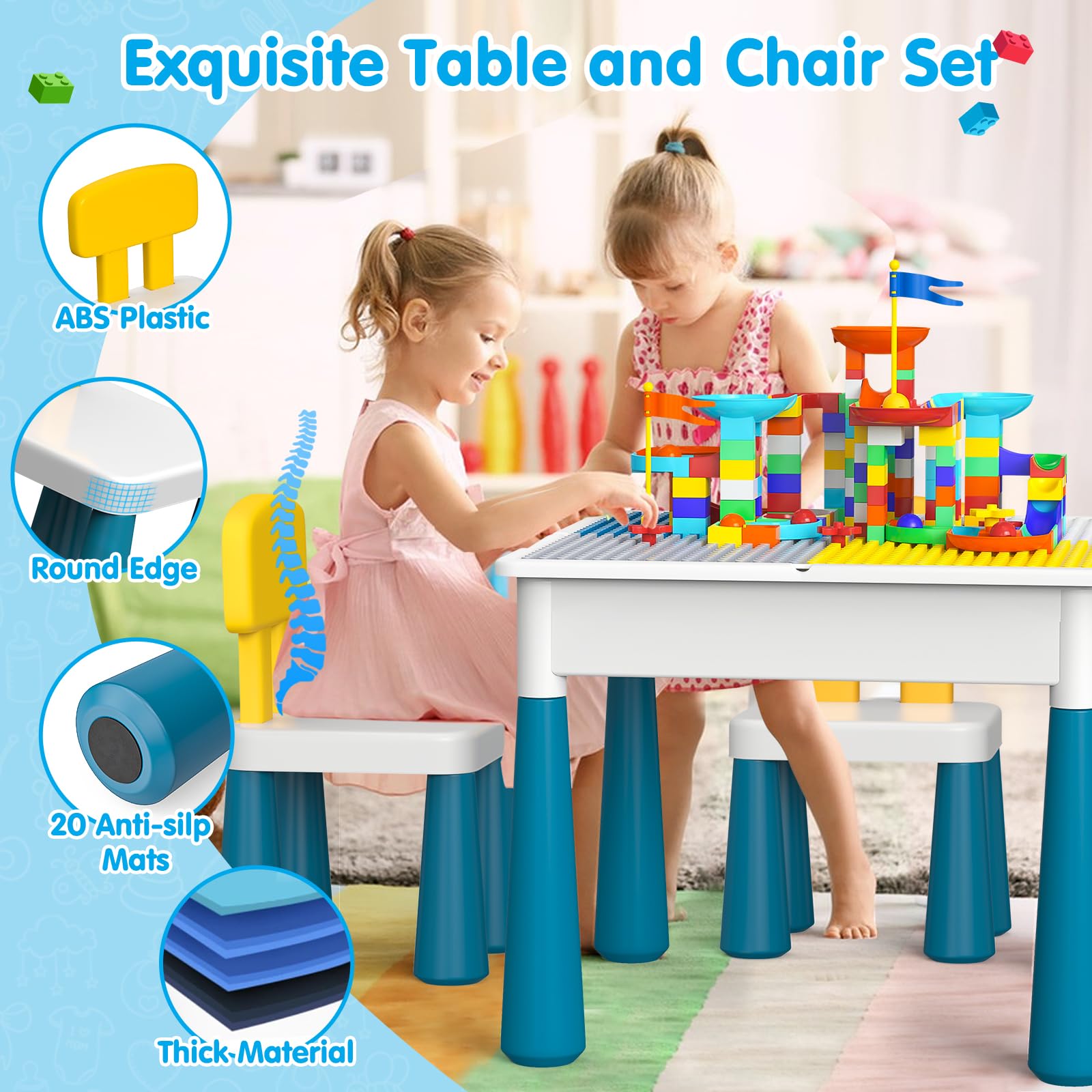 Kids Activity Table with Building Blocks and Chairs Set